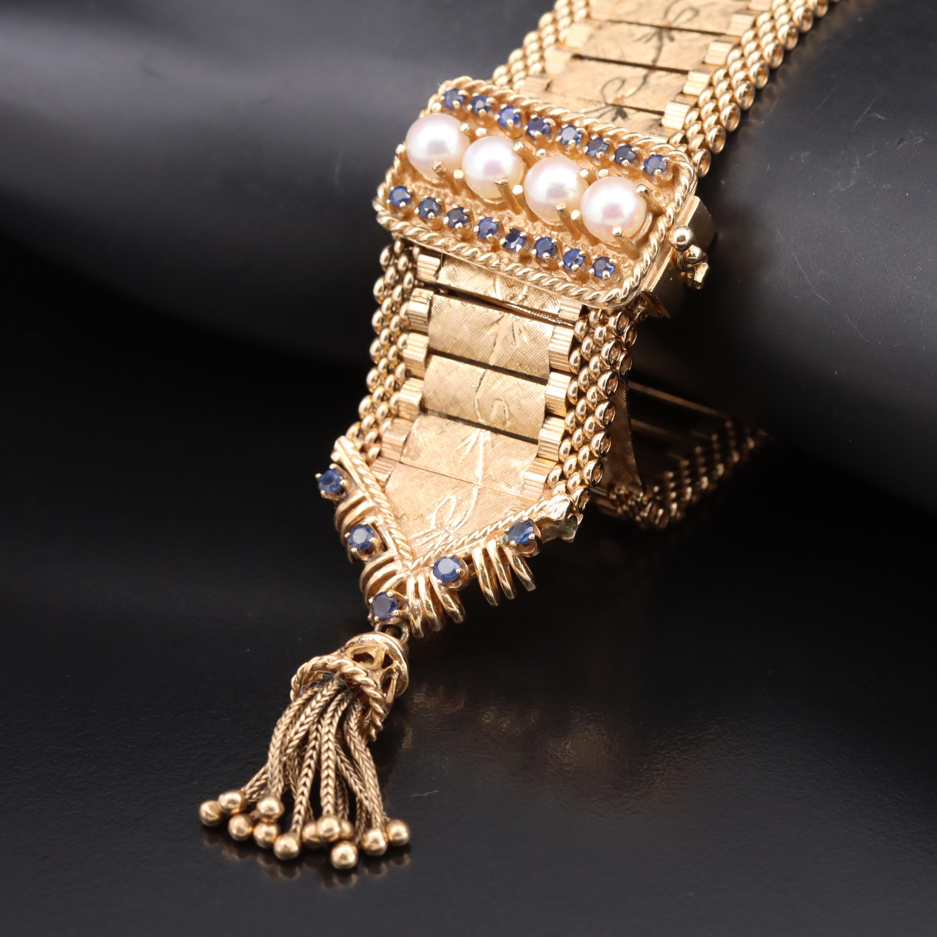 Vintage 14K Pearl and Sapphire Jarretière Bracelet and Geneve Watch