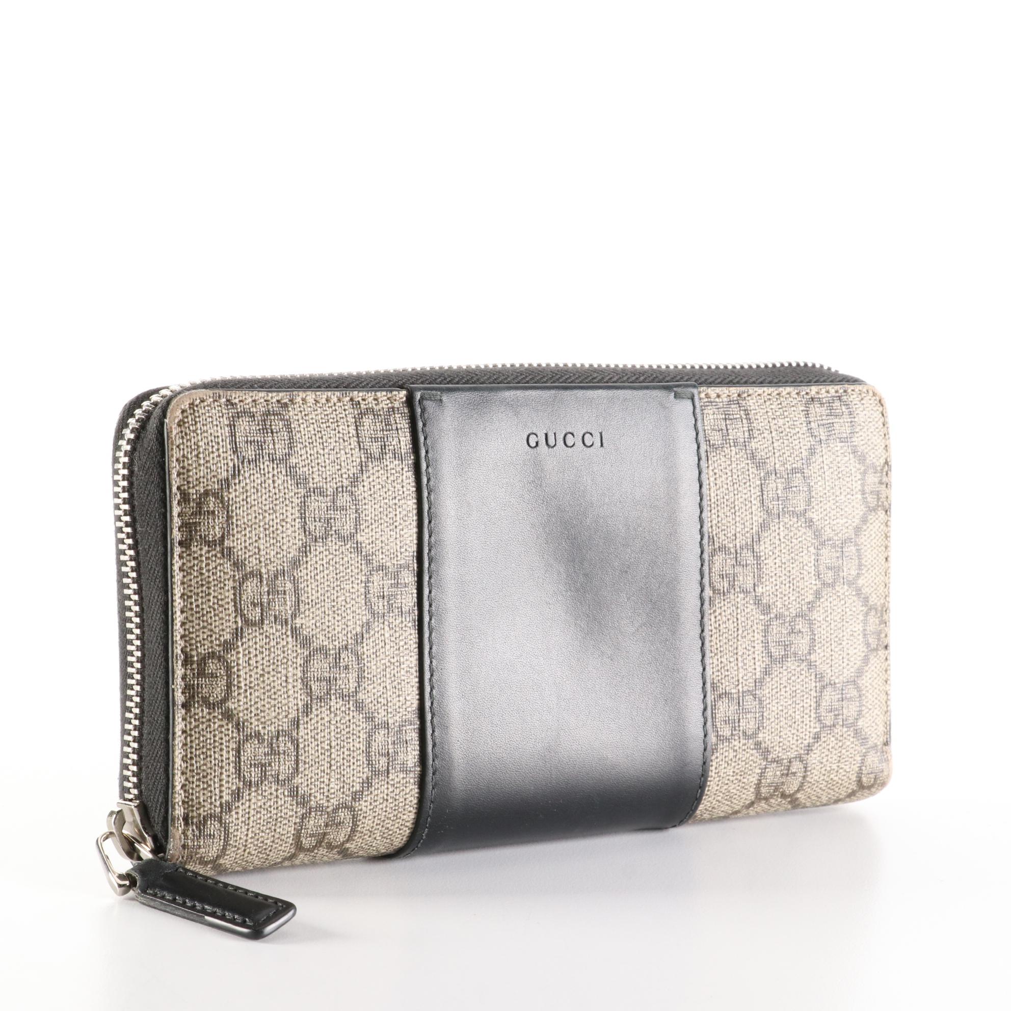 Gucci Zip-Around Wallet in GG Supreme Canvas and Black Leather