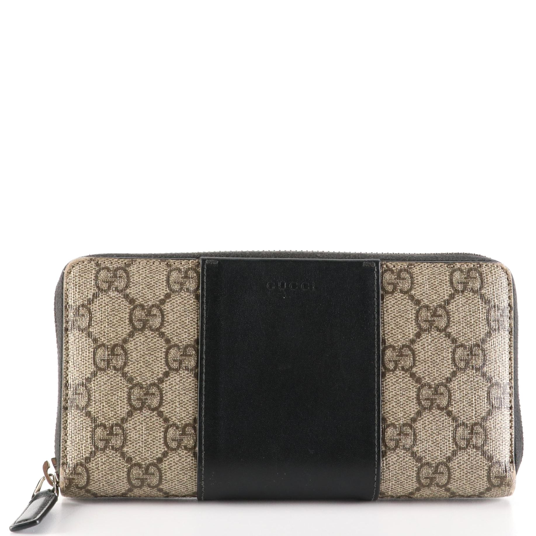 Gucci Zip-Around Wallet in GG Supreme Canvas and Black Leather