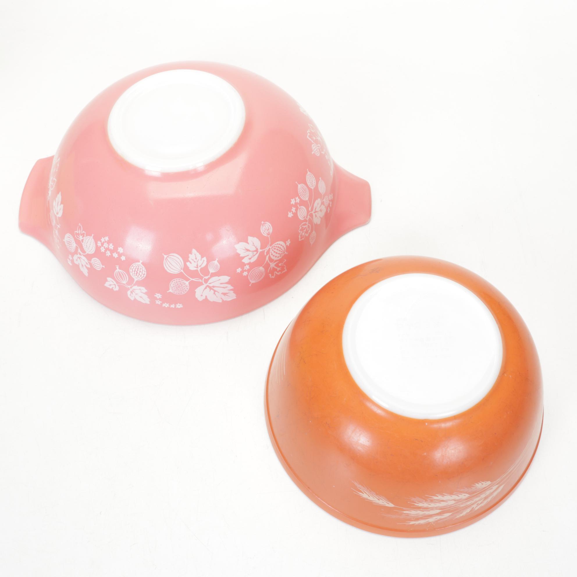 Pyrex "Primary Colors," "Autumn Harvest," and "Gooseberry Pink" Mixing Bowls