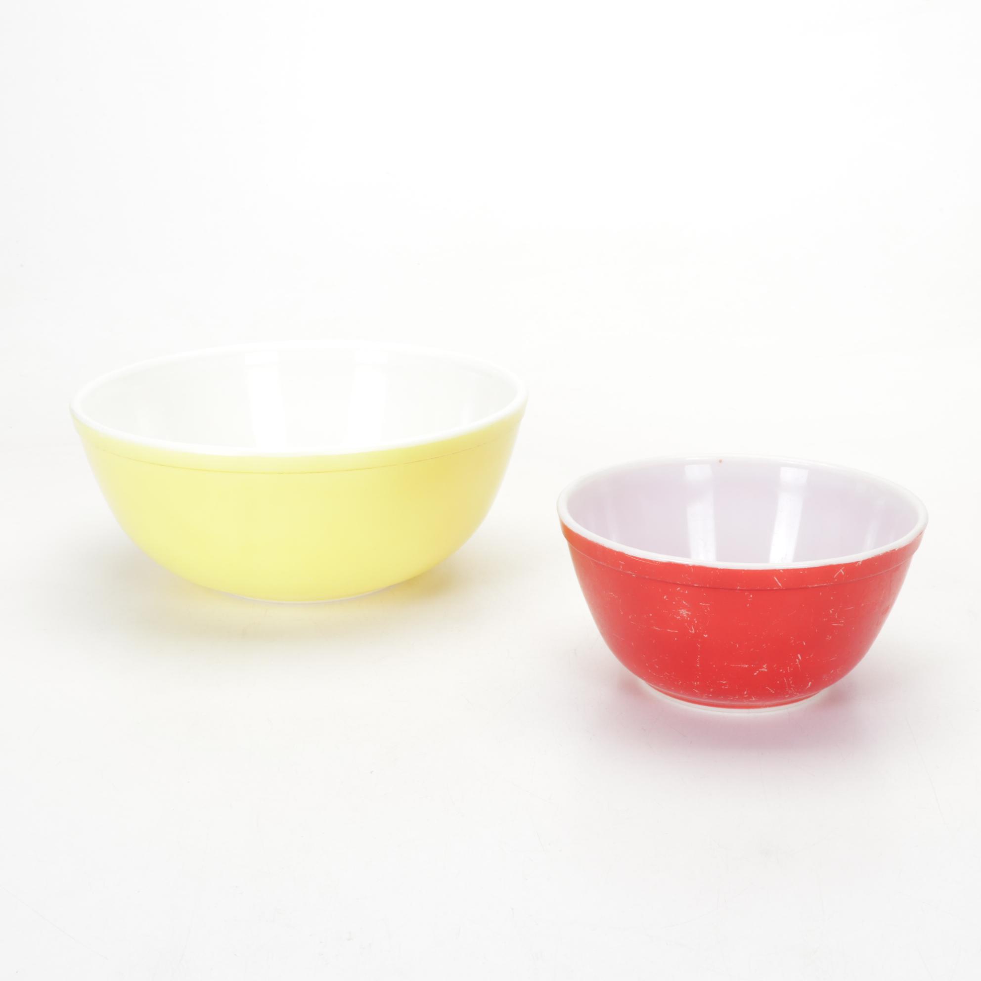 Pyrex "Primary Colors," "Autumn Harvest," and "Gooseberry Pink" Mixing Bowls