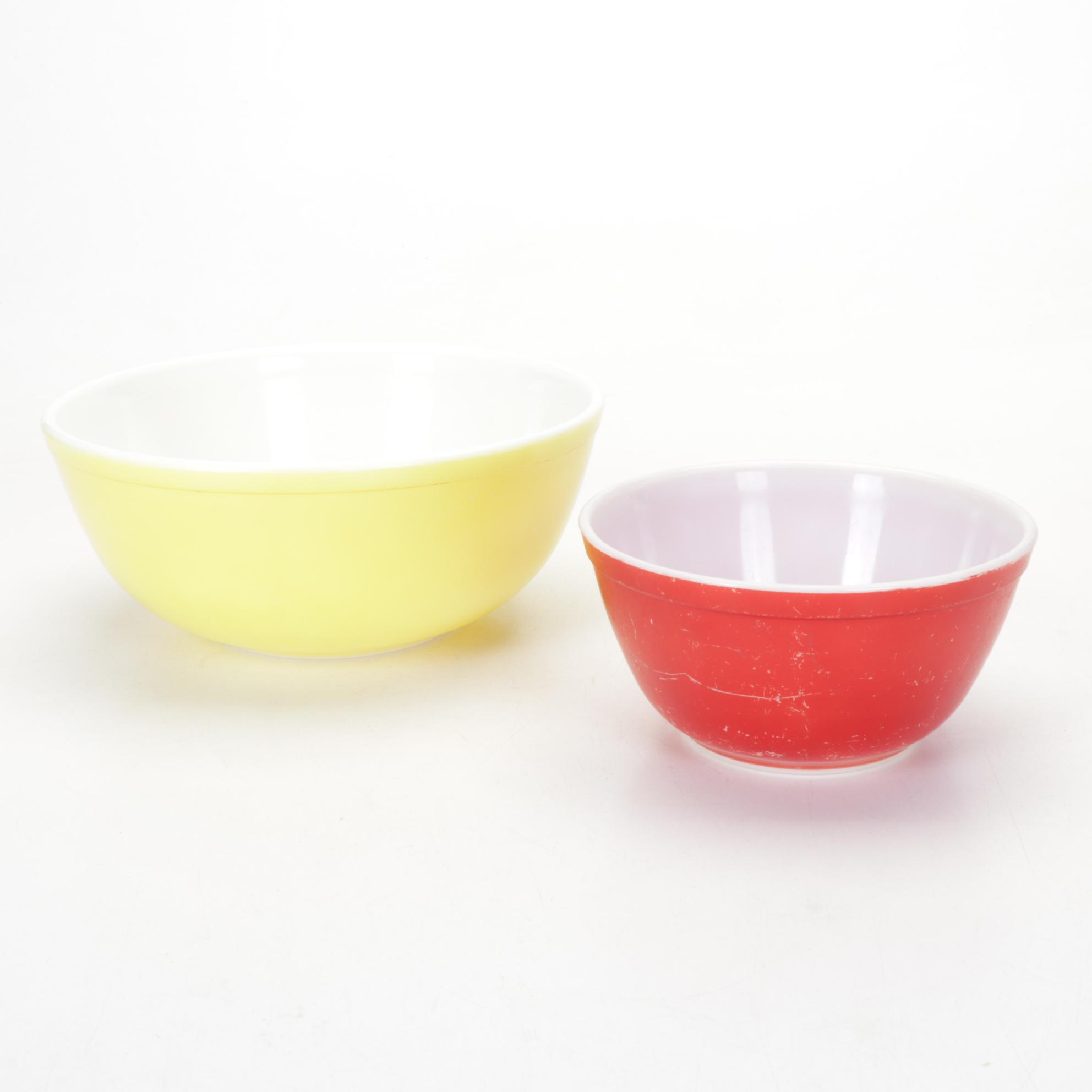 Pyrex "Primary Colors," "Autumn Harvest," and "Gooseberry Pink" Mixing Bowls