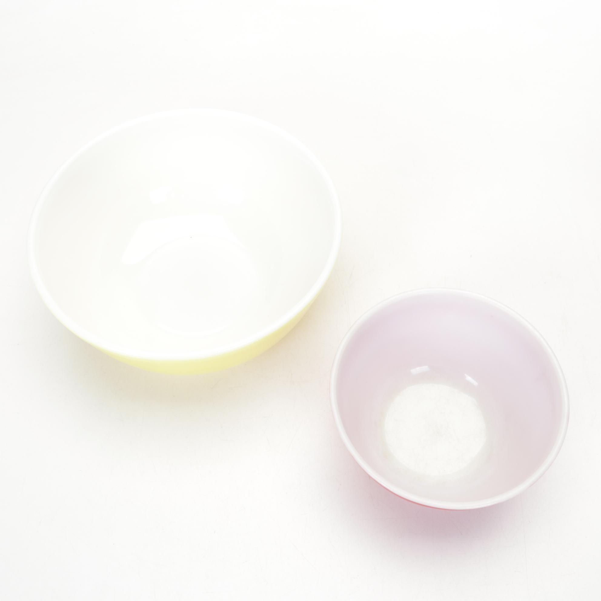 Pyrex "Primary Colors," "Autumn Harvest," and "Gooseberry Pink" Mixing Bowls