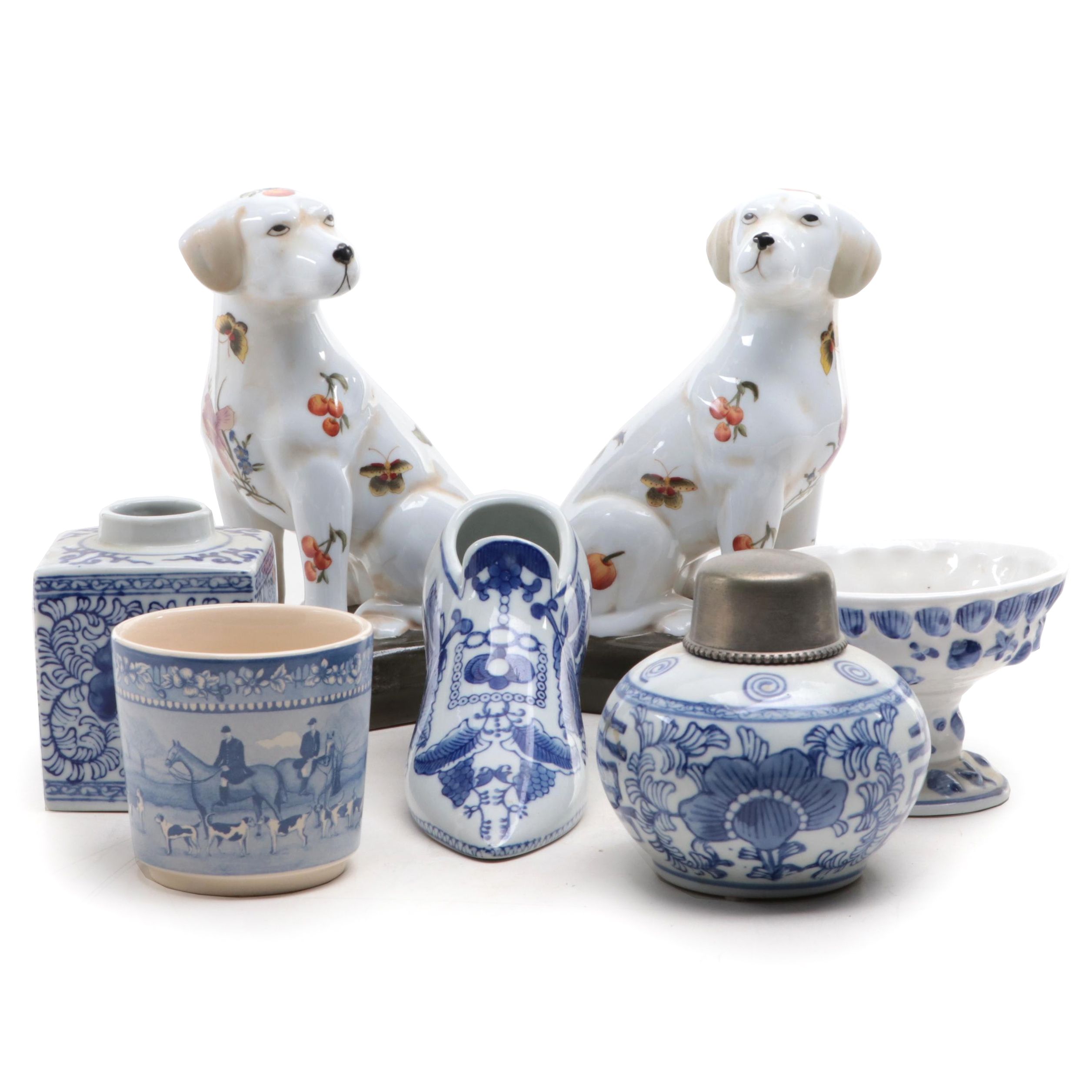 Austin Porcelain Dog Figurines with Blue and White Ceramics