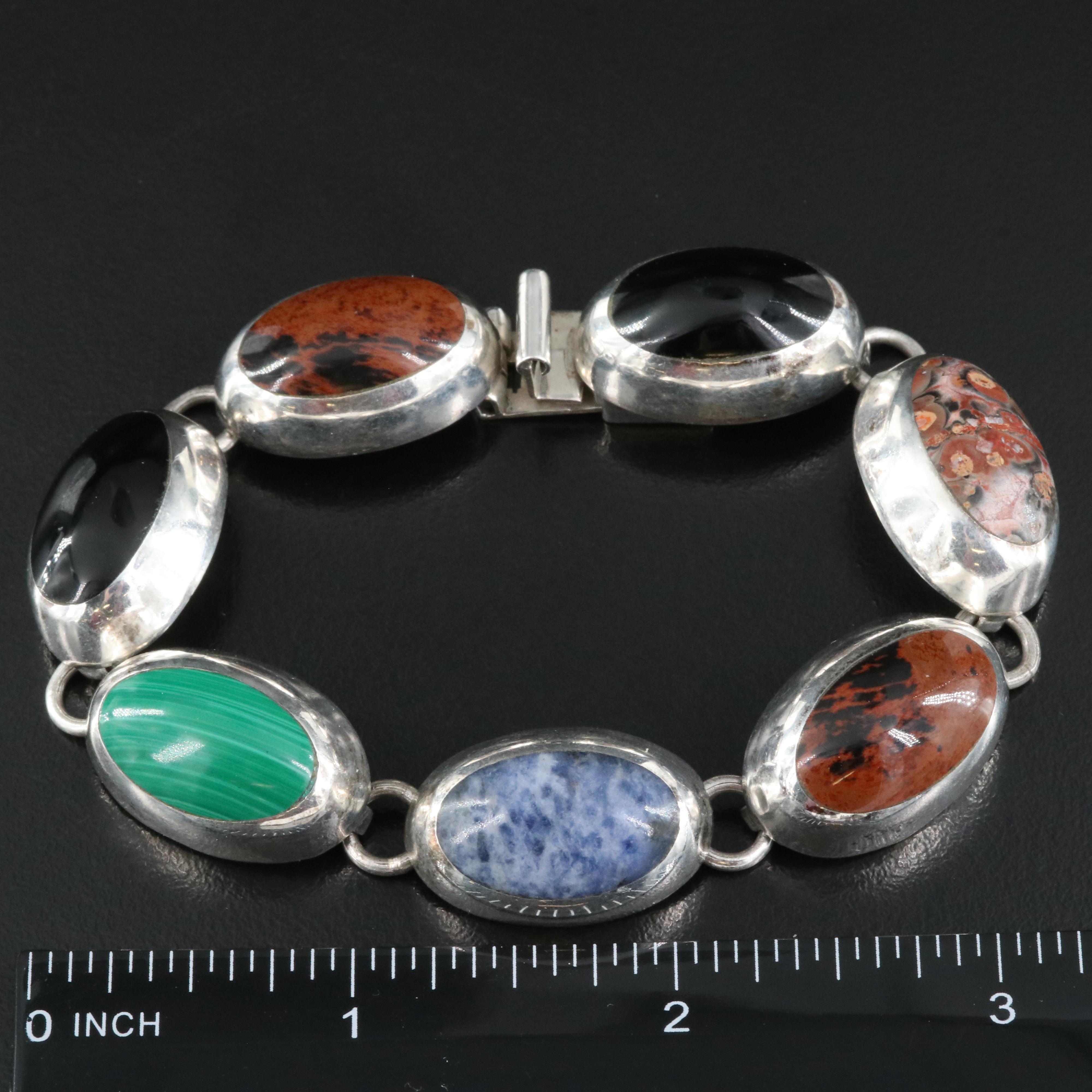 Mexican Sterling Bracelet Including Sodalite, Jasper and Mahogany Obsidian