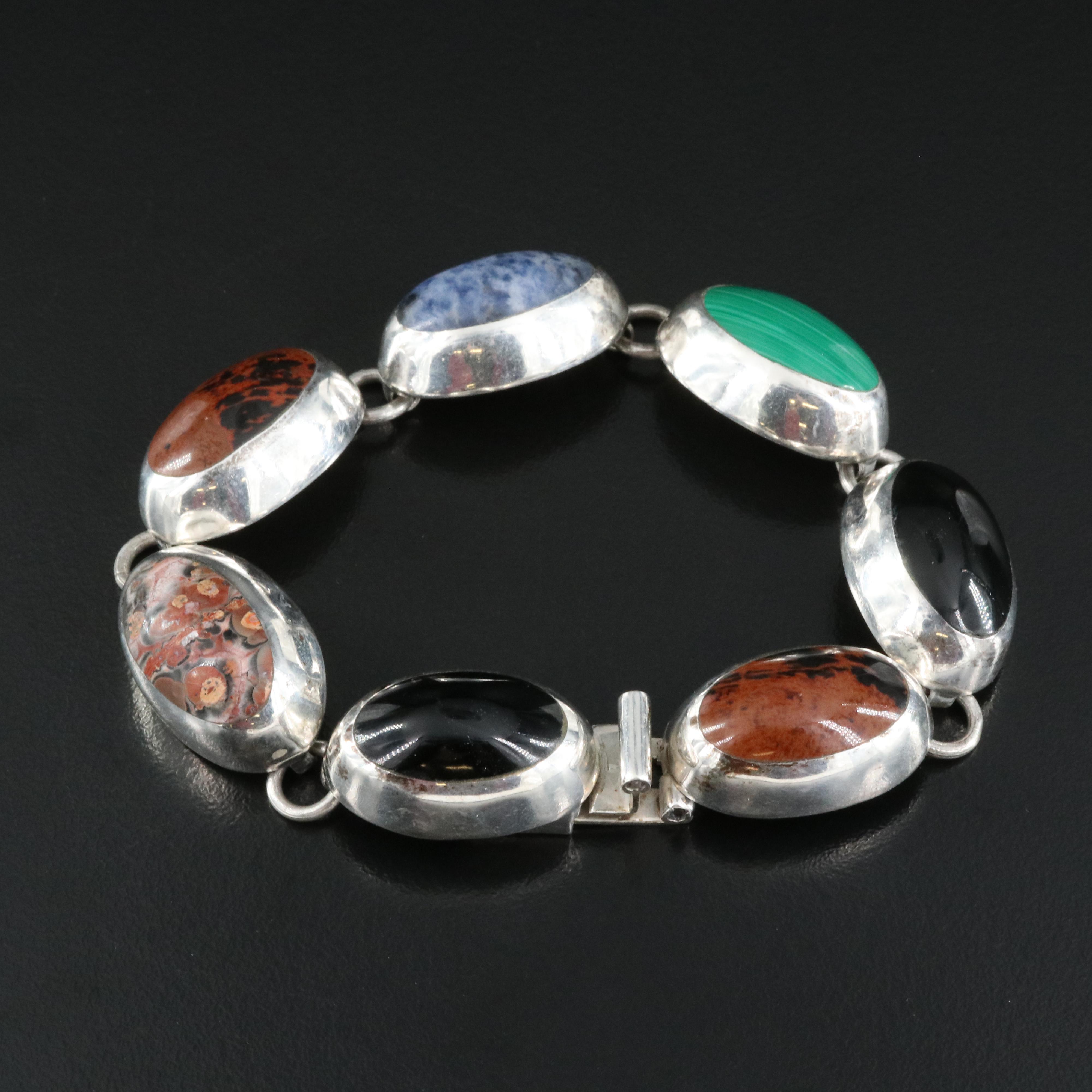 Mexican Sterling Bracelet Including Sodalite, Jasper and Mahogany Obsidian