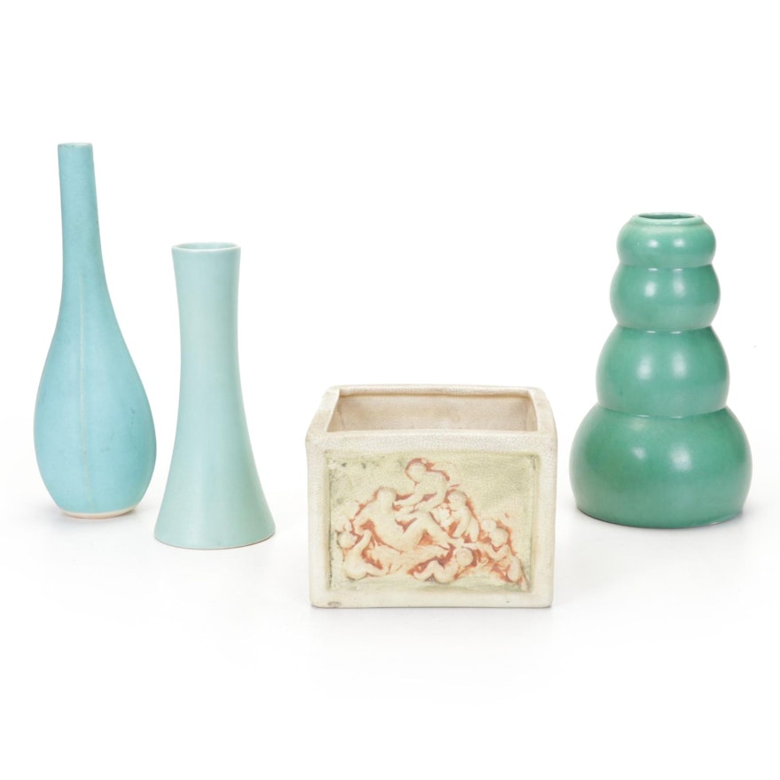 Weller Ivory Art Square Planter with Mid Century Modern Glazed Ceramic Vases