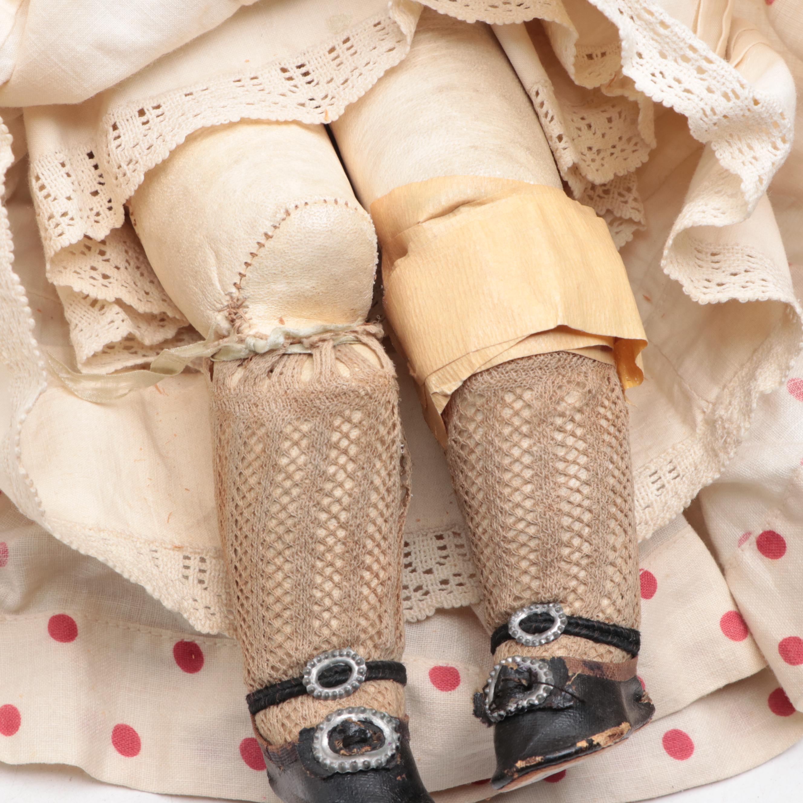 Antique Bisque Doll with Glass Eyes in Polka Dot Dress