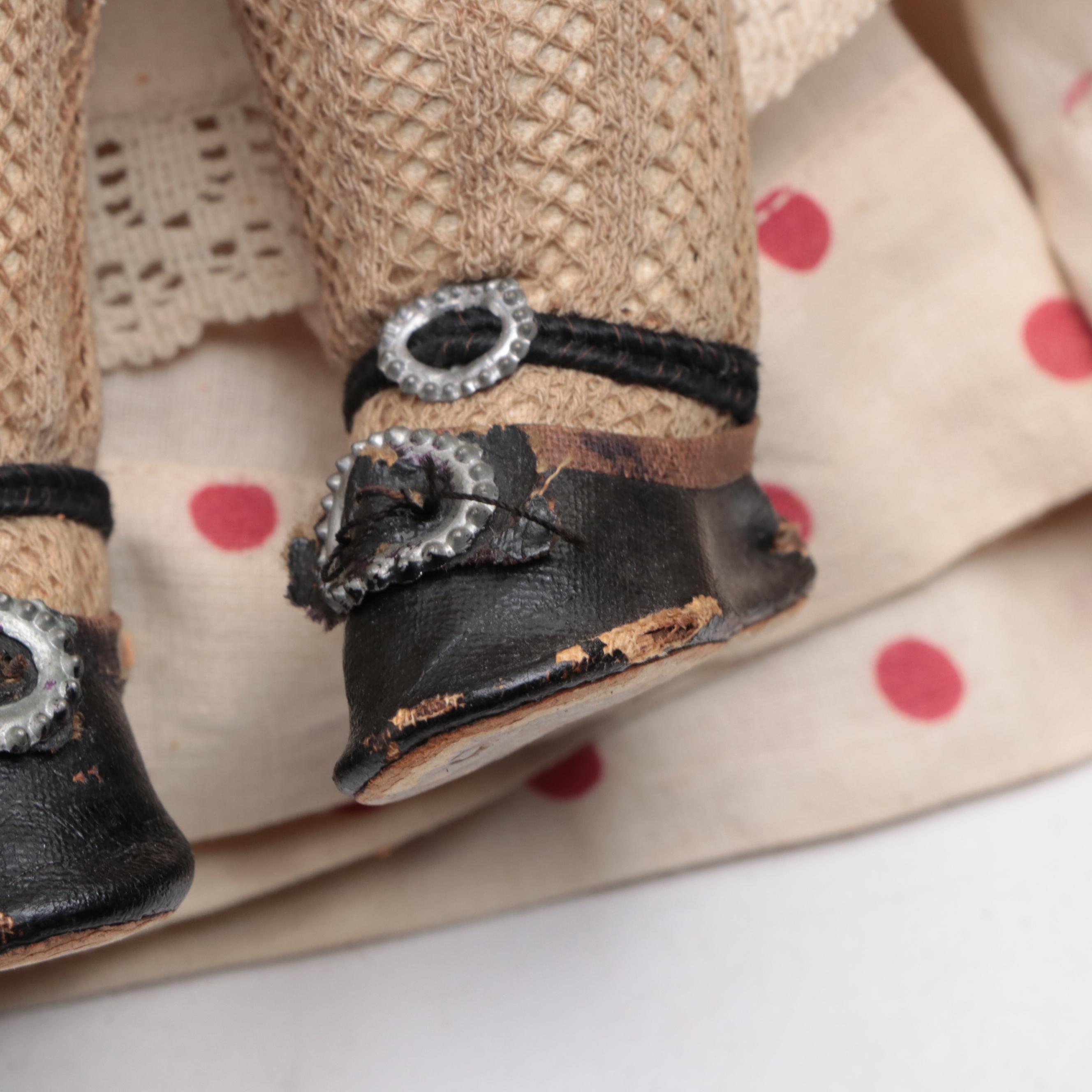 Antique Bisque Doll with Glass Eyes in Polka Dot Dress