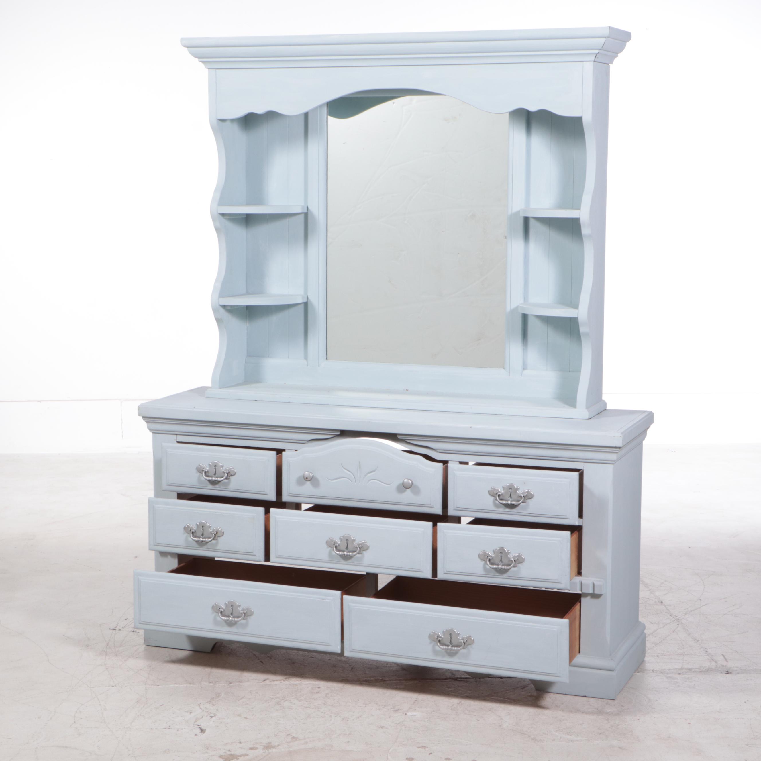 Light Blue-Painted Wood Dresser With Mirror