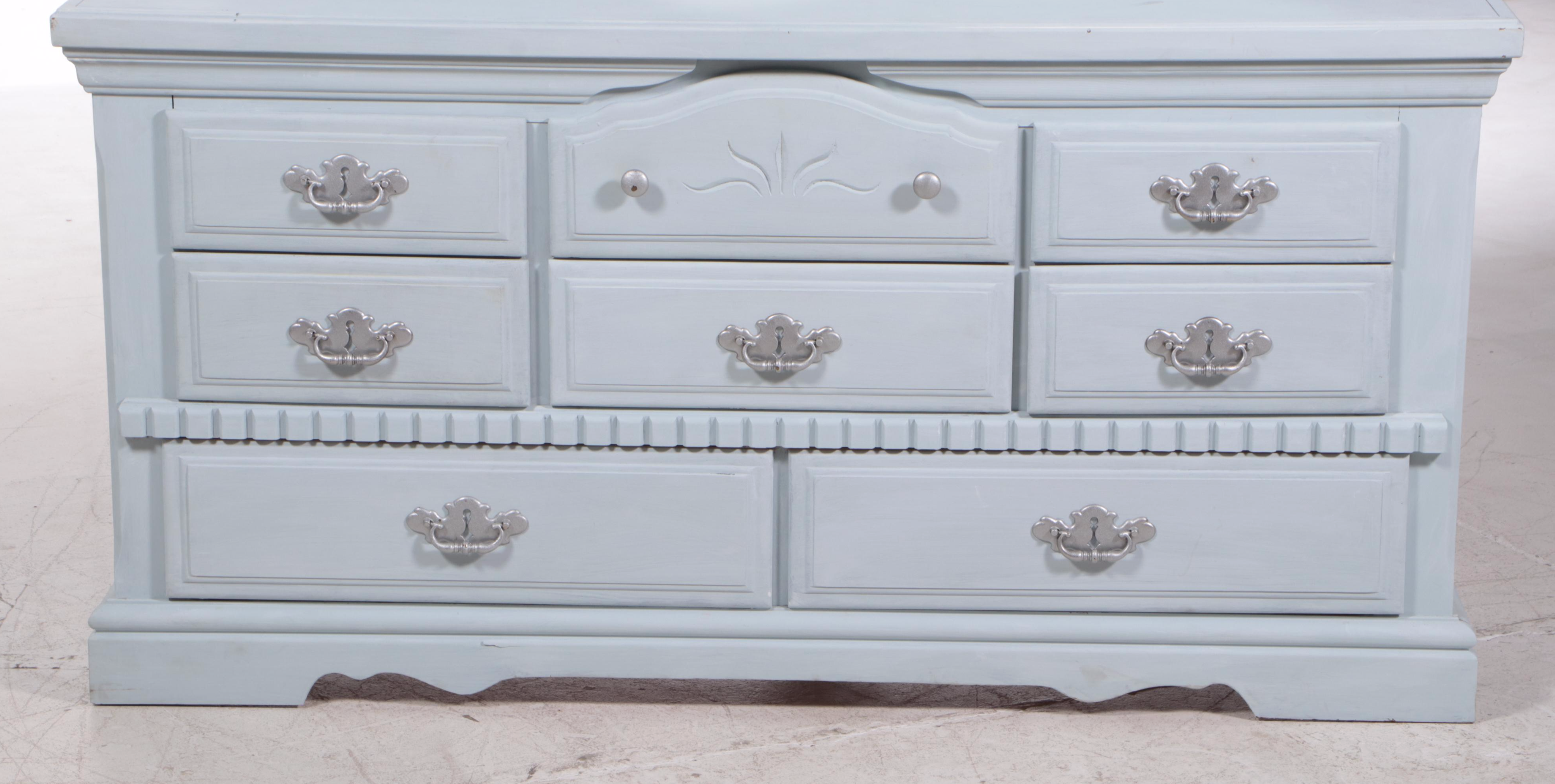 Light Blue-Painted Wood Dresser With Mirror