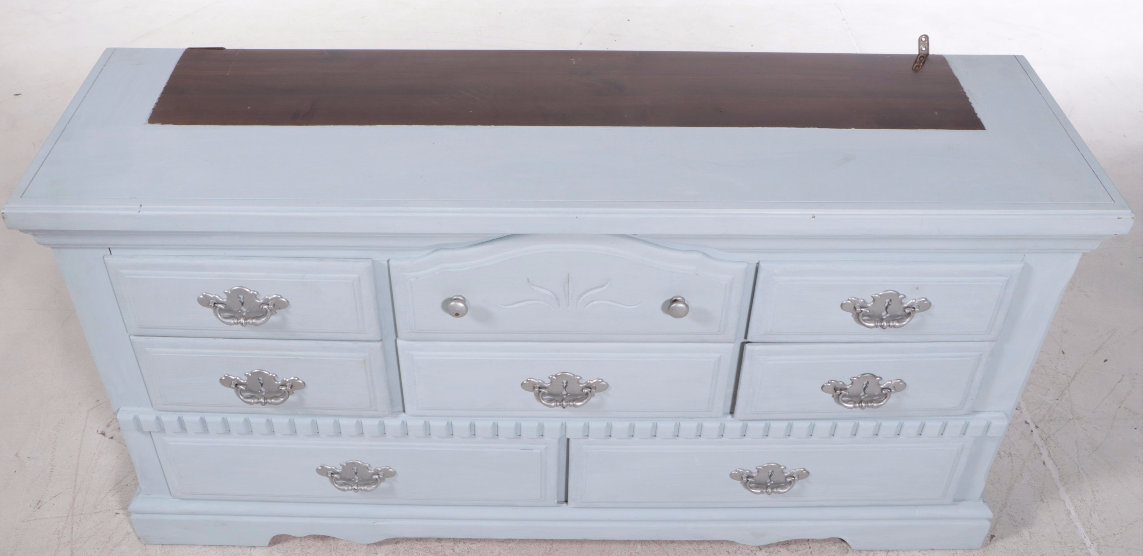 Light Blue-Painted Wood Dresser With Mirror