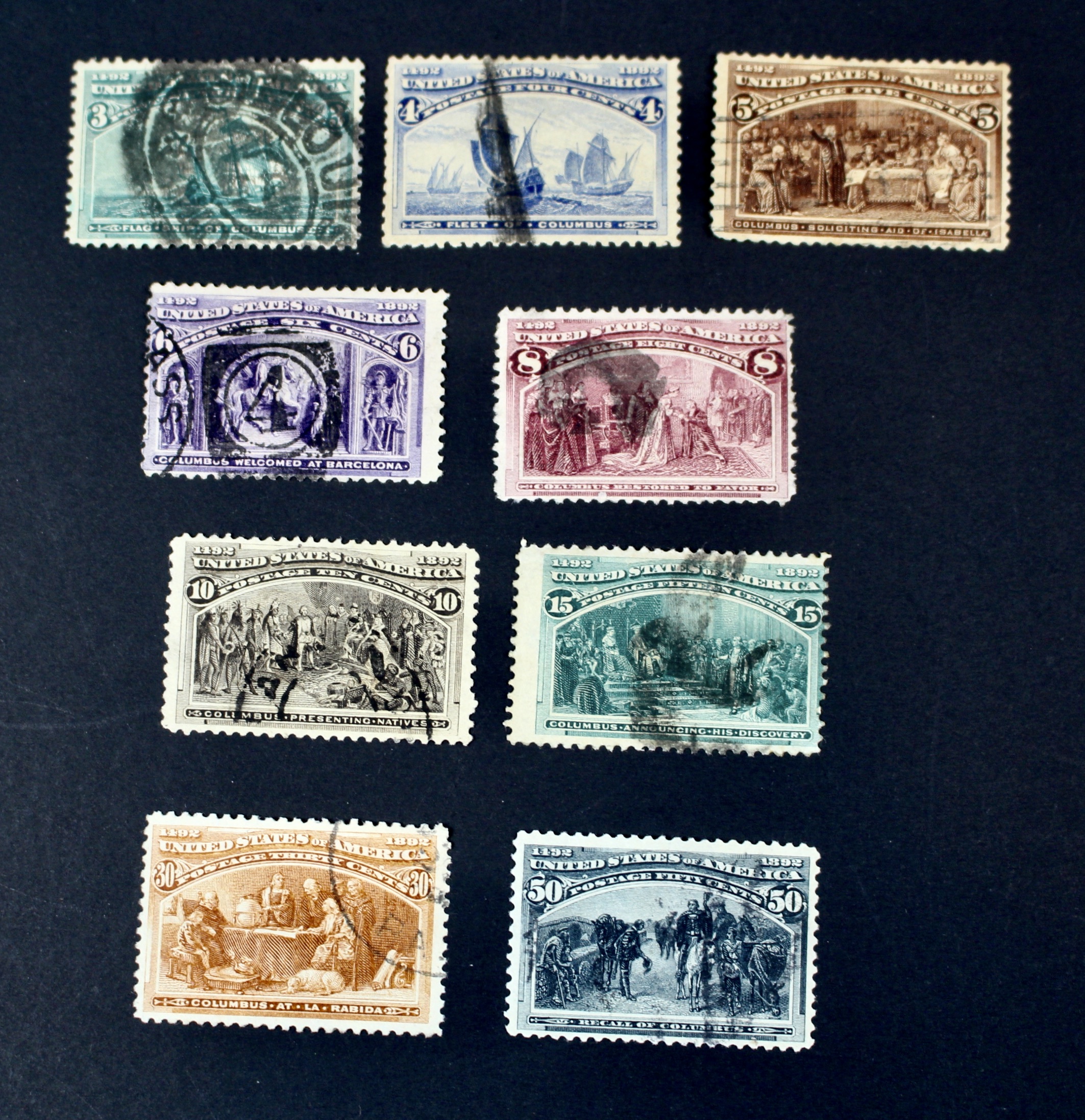 Nine Different Used 1893 Columbian Exposition Postage Stamps