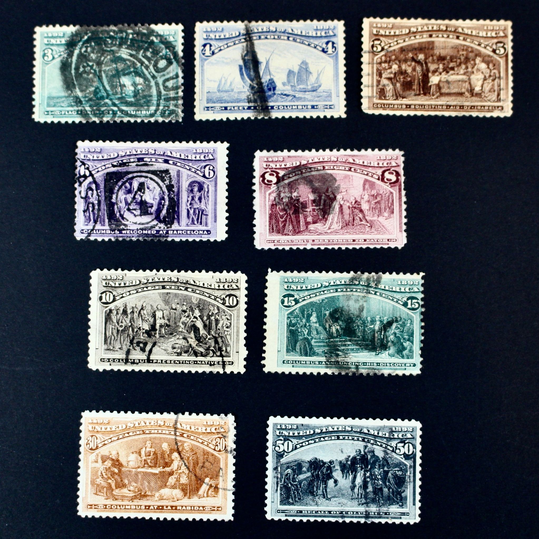 Nine Different Used 1893 Columbian Exposition Postage Stamps
