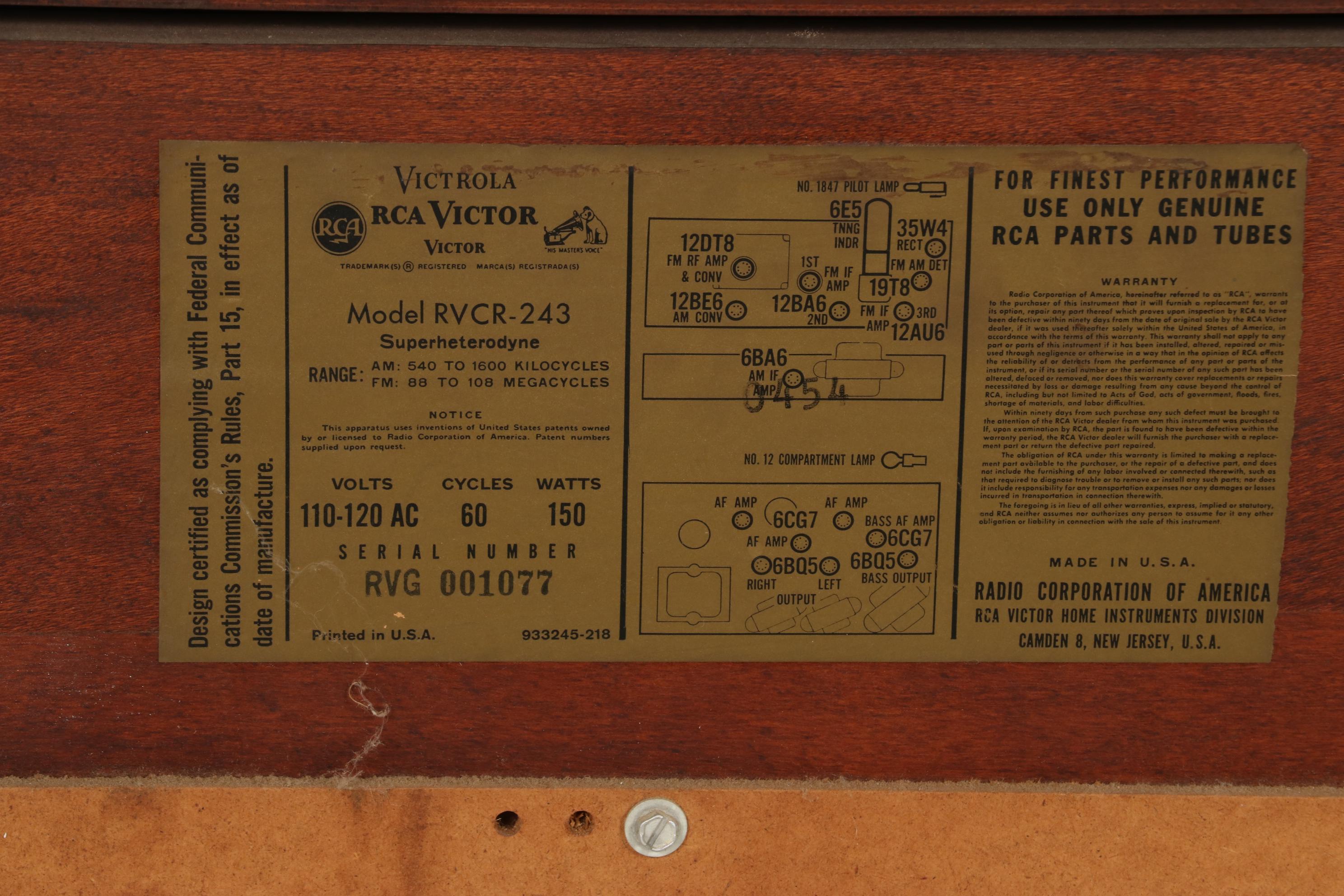 RCA Victor AM/FM "Living Stereo" System in Mahogany Console Cabinet, 1960s