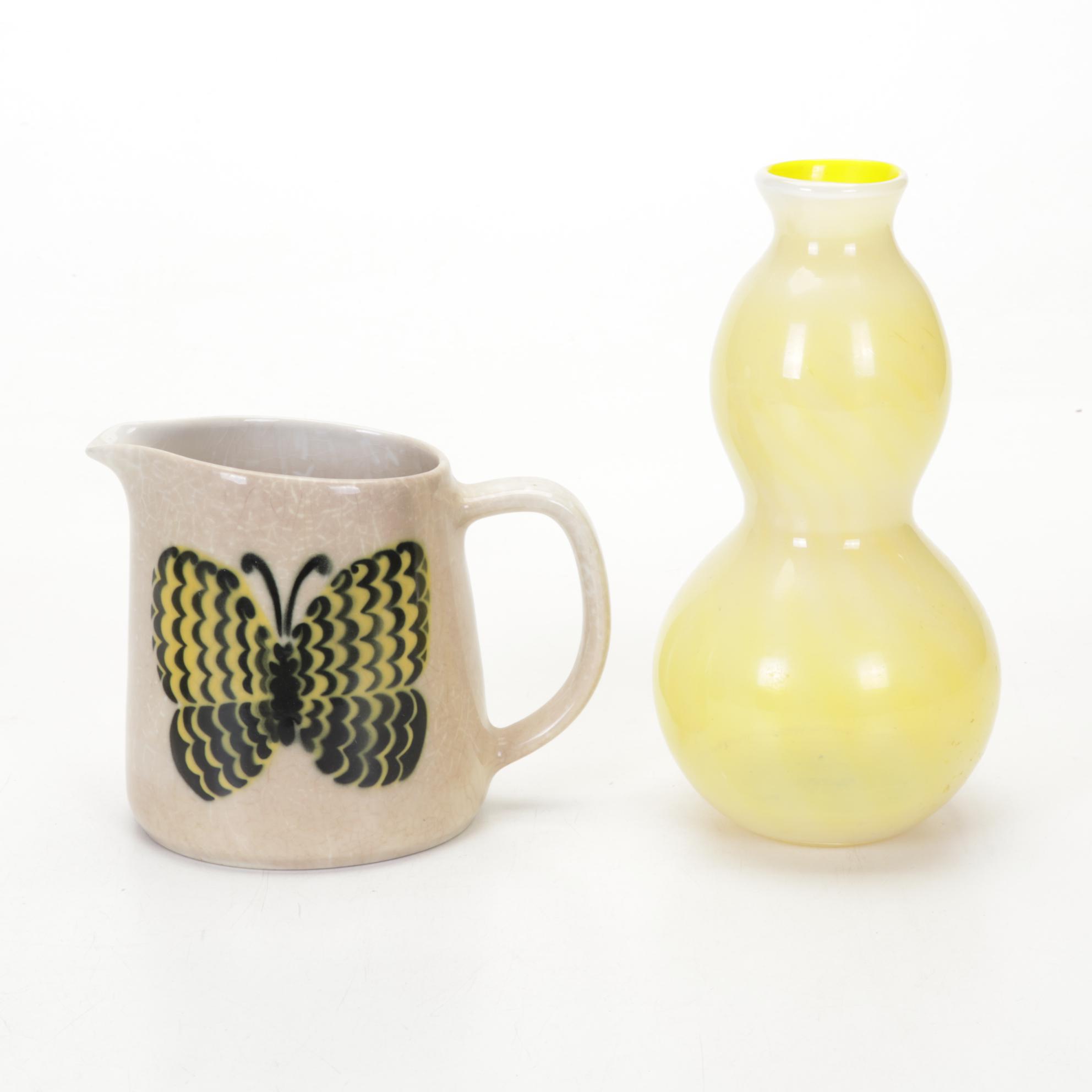 Higgins Fused Glass Ashtray With Arabia Ceramic Pitcher and Other Art Glass