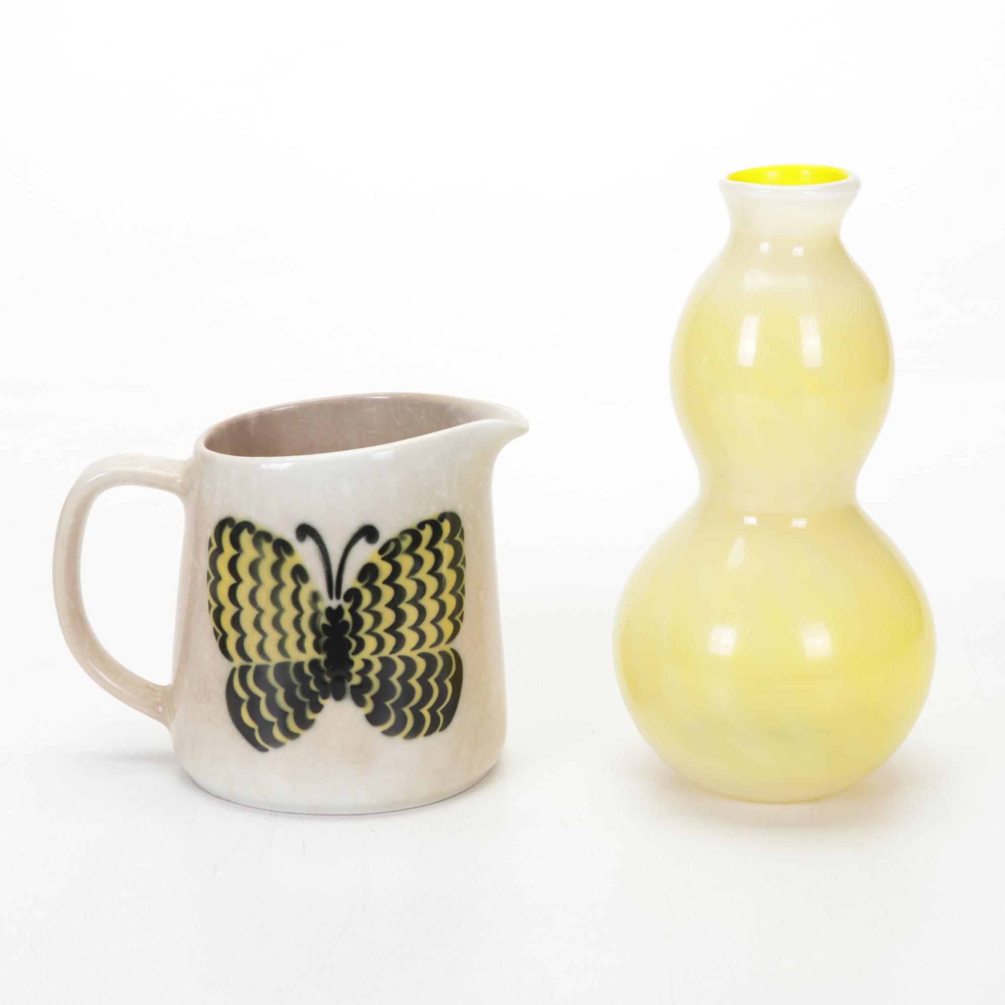 Higgins Fused Glass Ashtray With Arabia Ceramic Pitcher and Other Art Glass