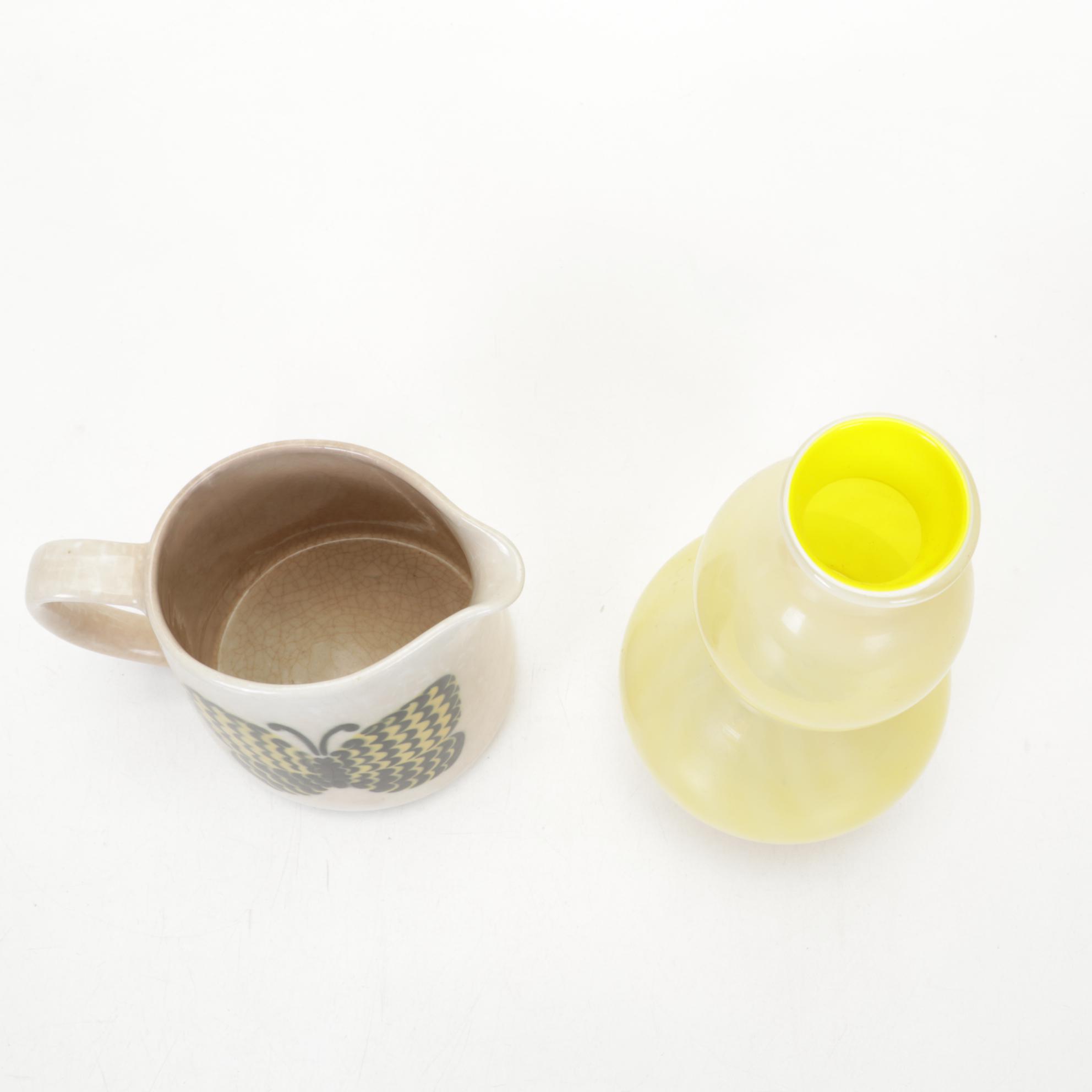 Higgins Fused Glass Ashtray With Arabia Ceramic Pitcher and Other Art Glass