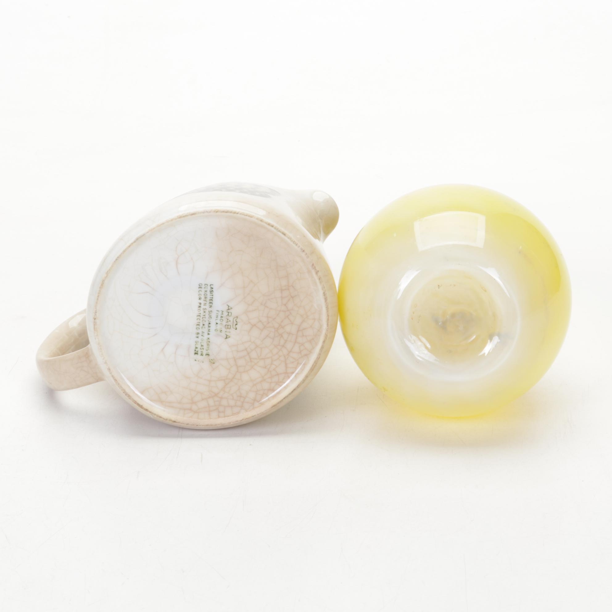 Higgins Fused Glass Ashtray With Arabia Ceramic Pitcher and Other Art Glass