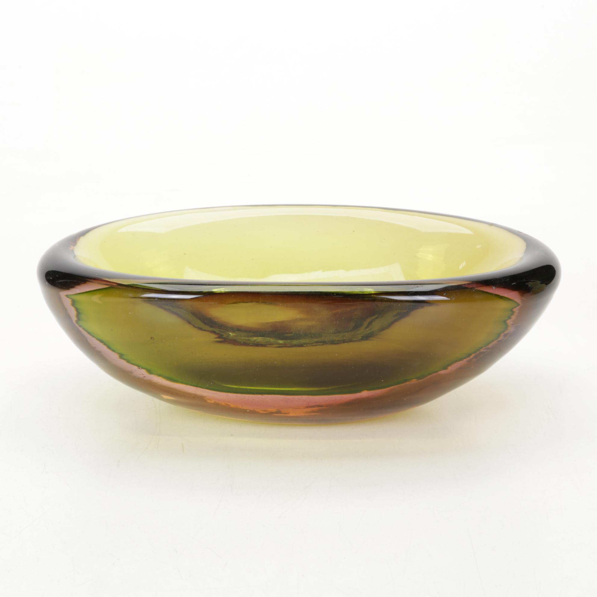 Higgins Fused Glass Ashtray With Arabia Ceramic Pitcher and Other Art Glass