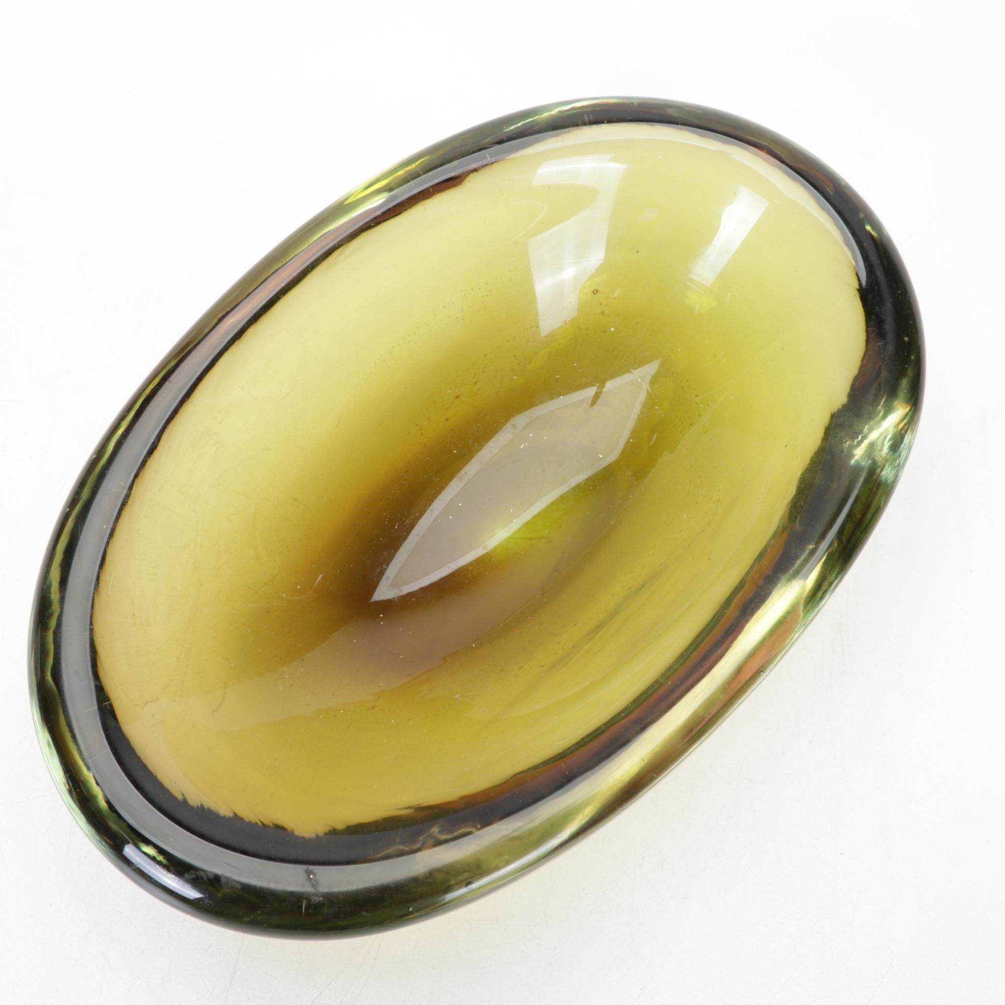 Higgins Fused Glass Ashtray With Arabia Ceramic Pitcher and Other Art Glass