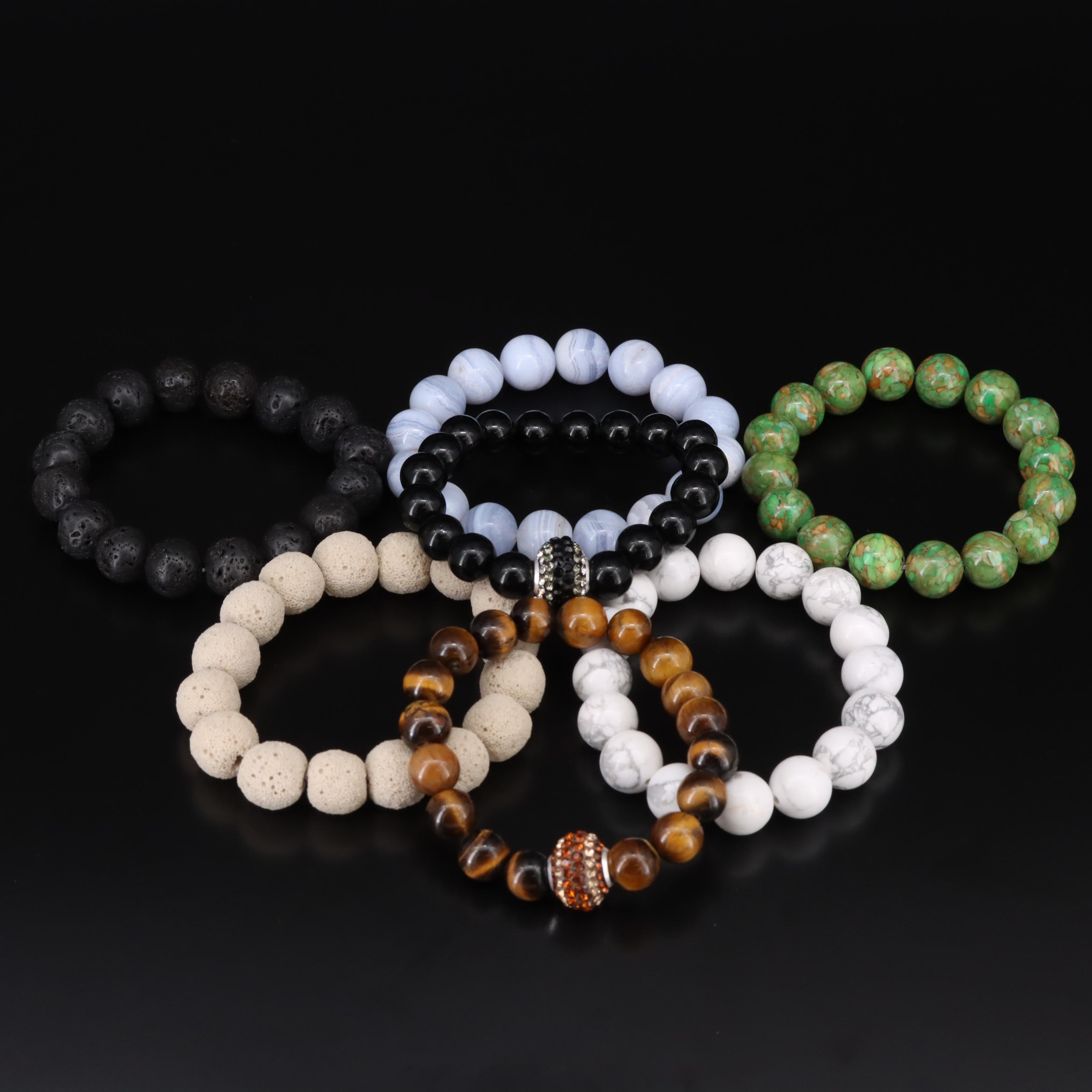 Sterling Magnesite, Tiger's Eye and Agate Beaded Bracelet Selection