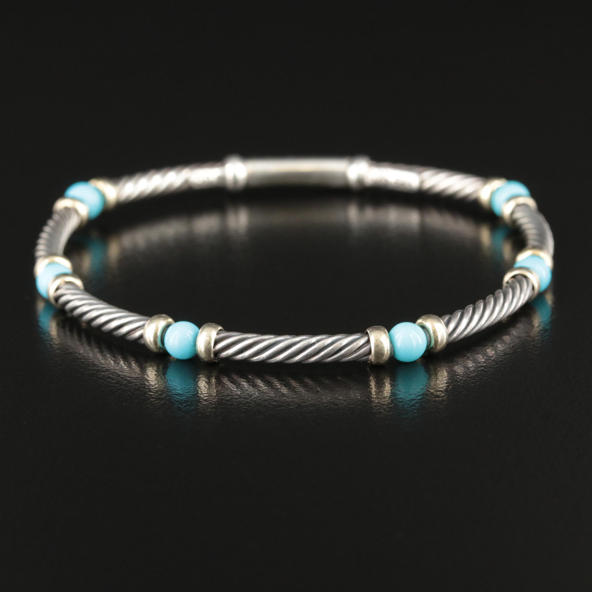 David Yurman Sterling and 14K Turquoise Station Bracelet