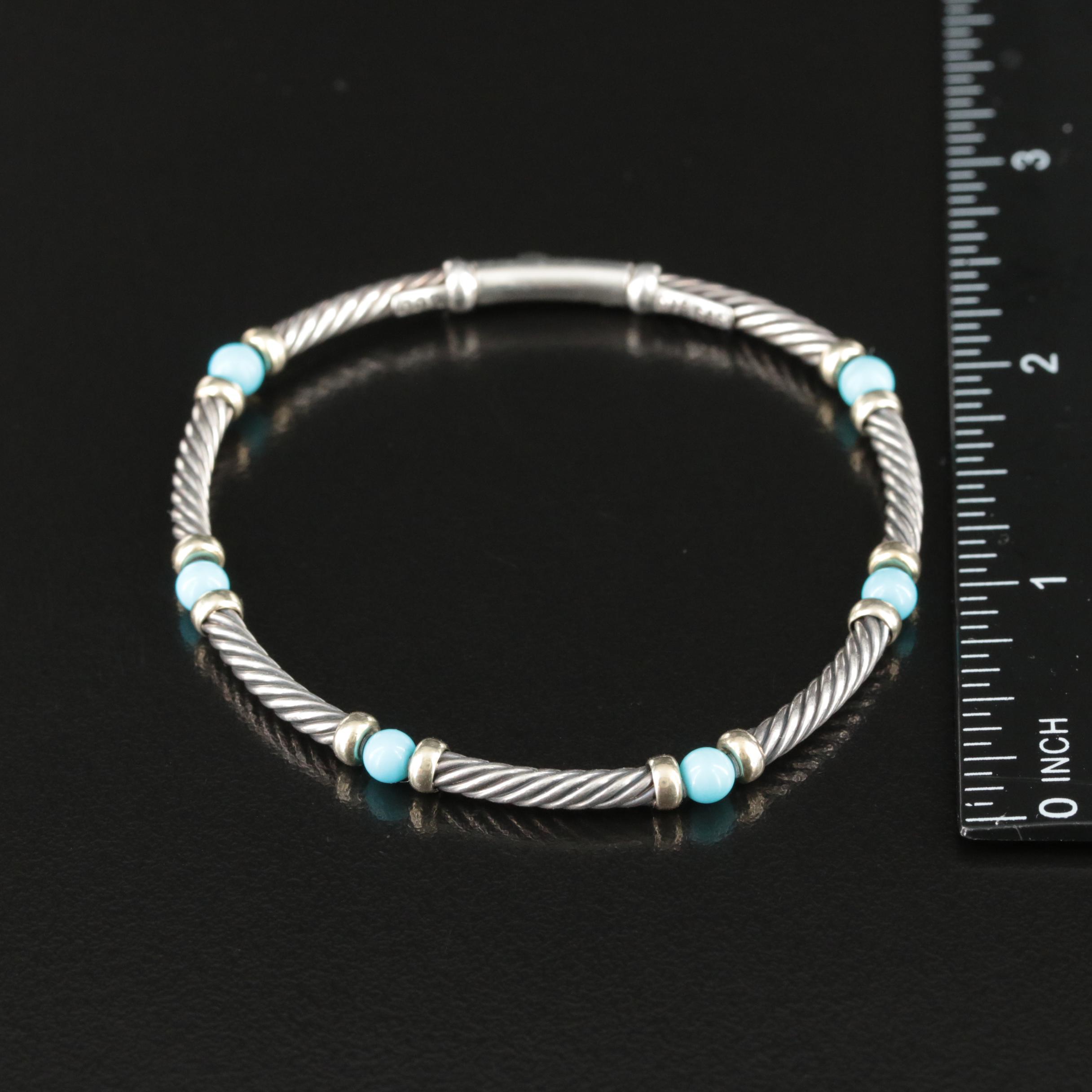 David Yurman Sterling and 14K Turquoise Station Bracelet