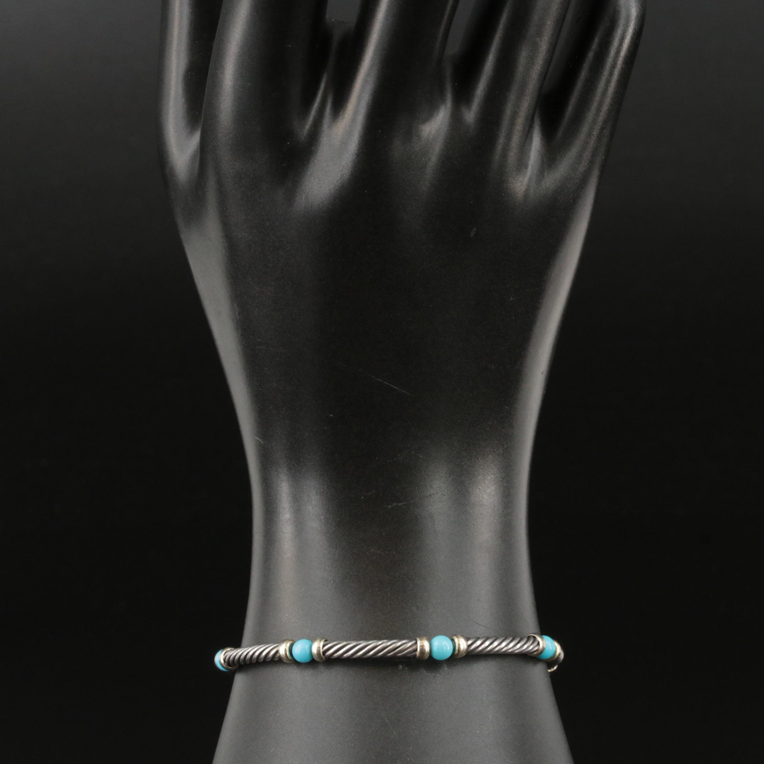 David Yurman Sterling and 14K Turquoise Station Bracelet