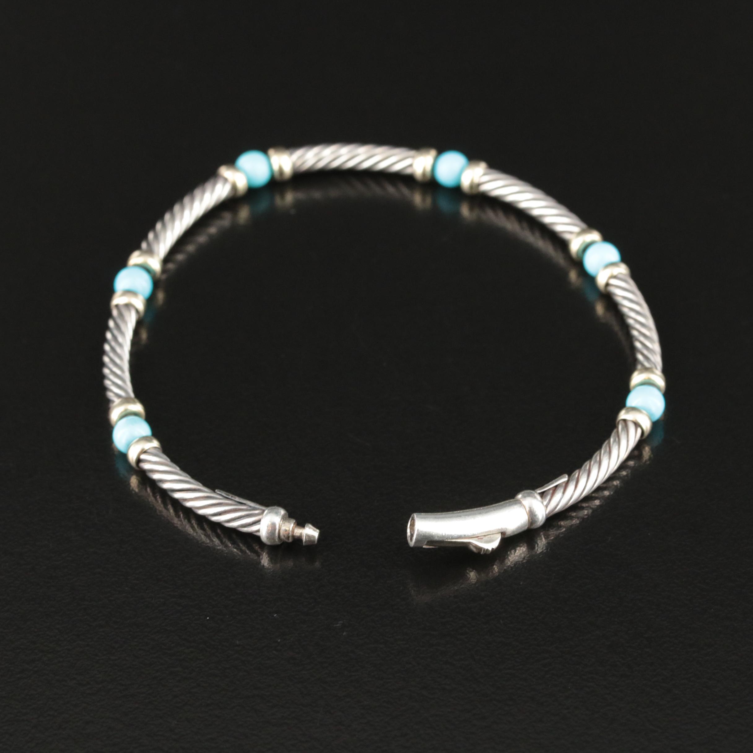 David Yurman Sterling and 14K Turquoise Station Bracelet