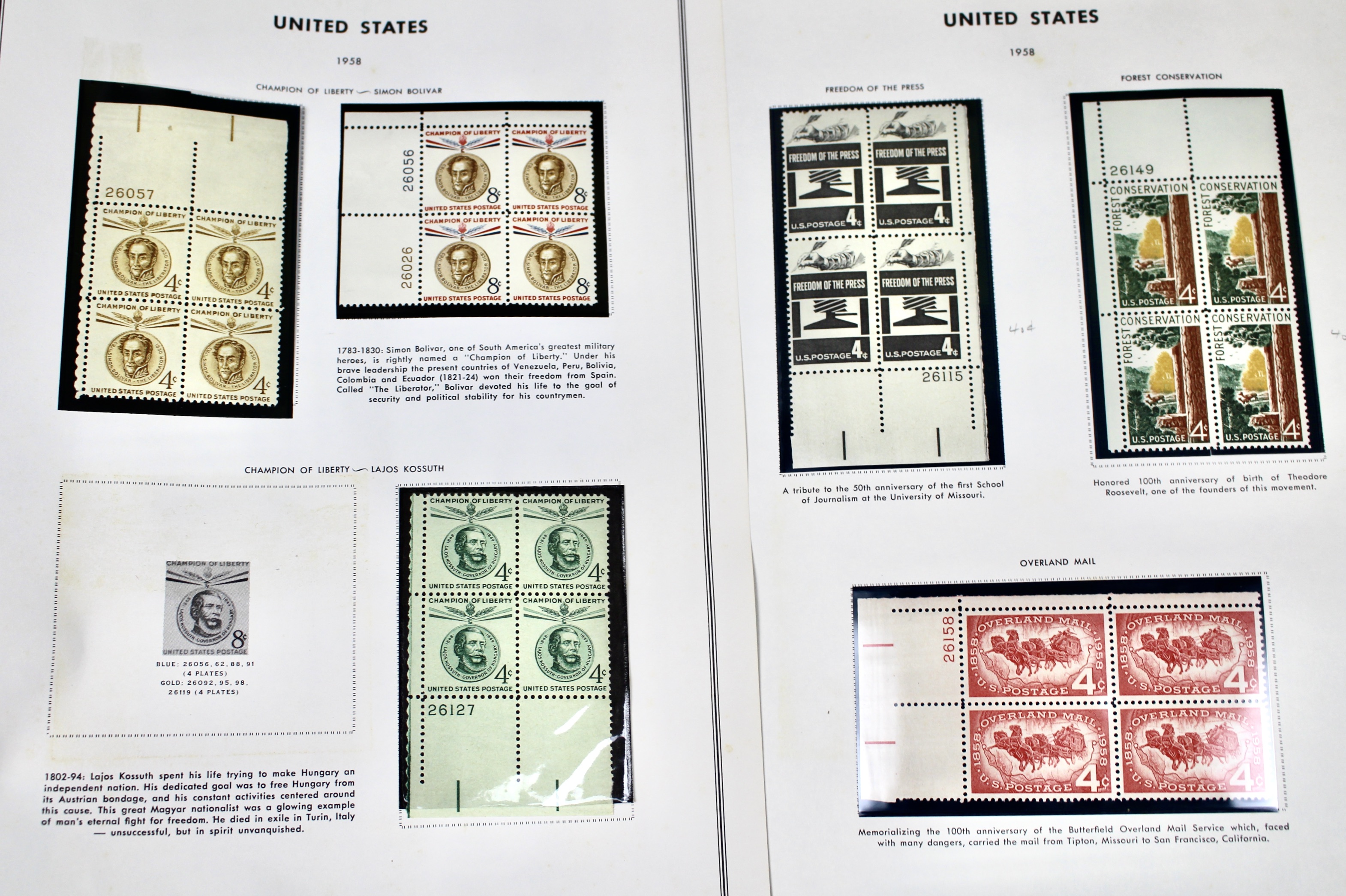 U.S. Plate Block Collection, 1940s to 1960s