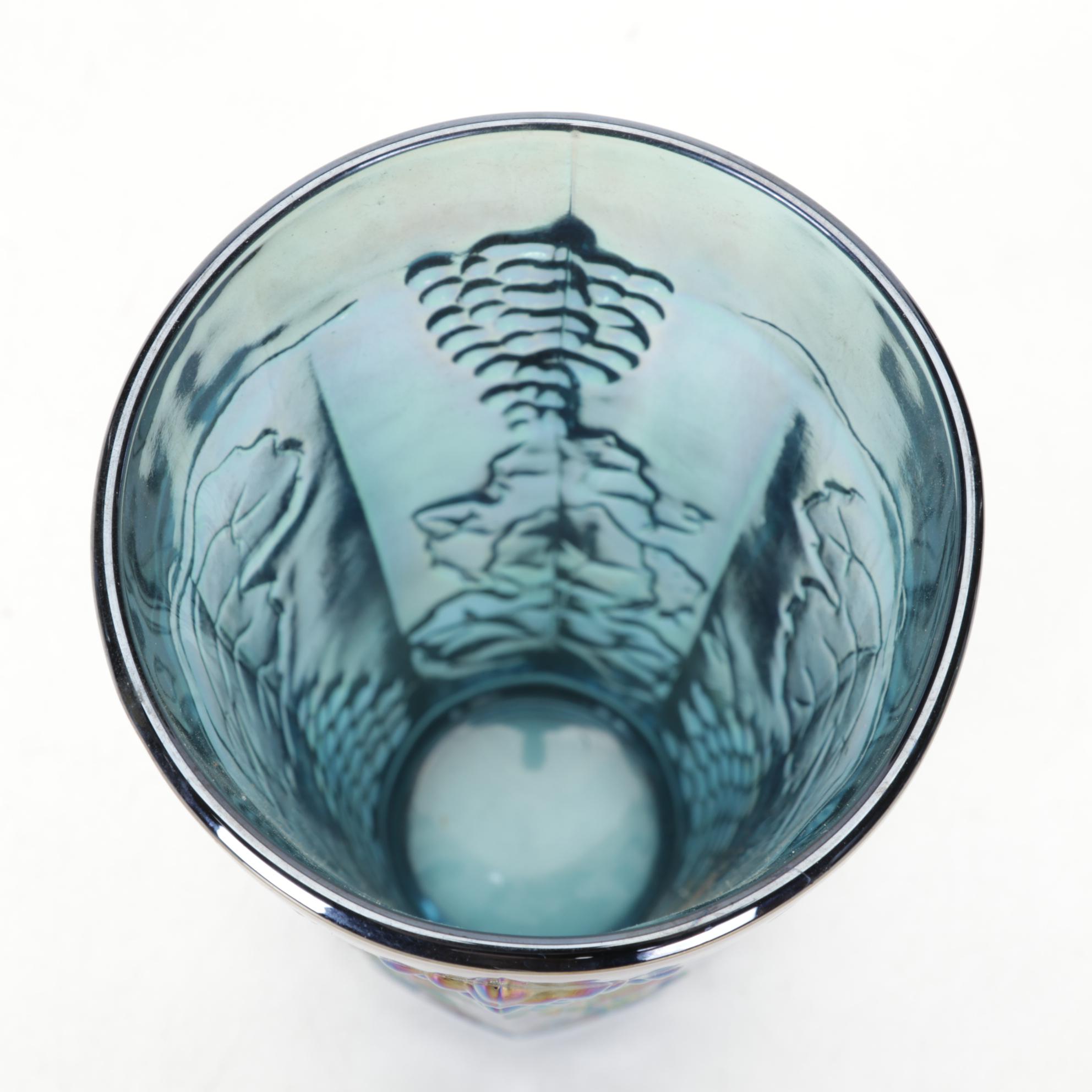 Colony Glass "Harvest" Iridescent Blue Carnival Glass Pitcher and Tumblers