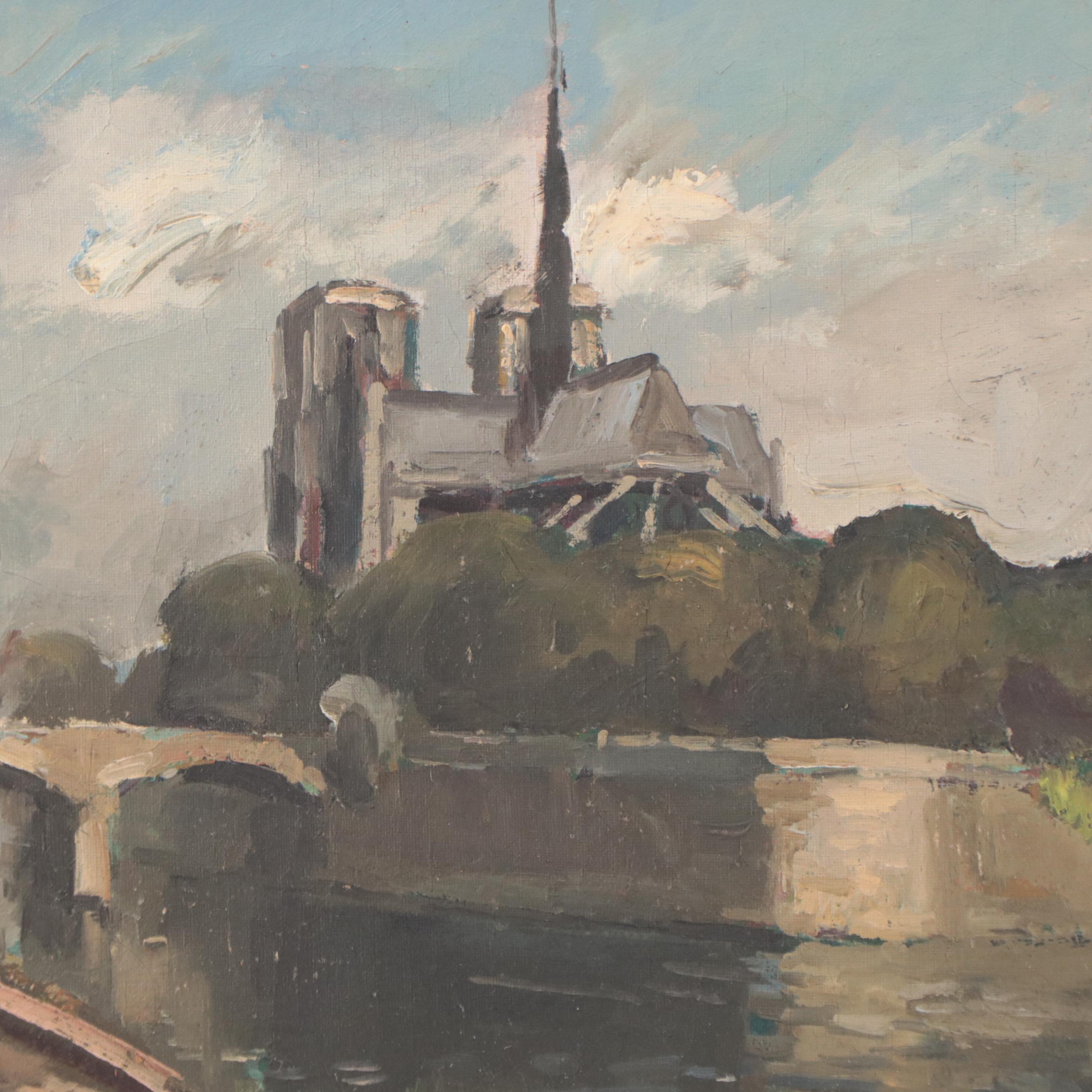 Landscape Oil Painting of Notre Dame, Paris, 1944