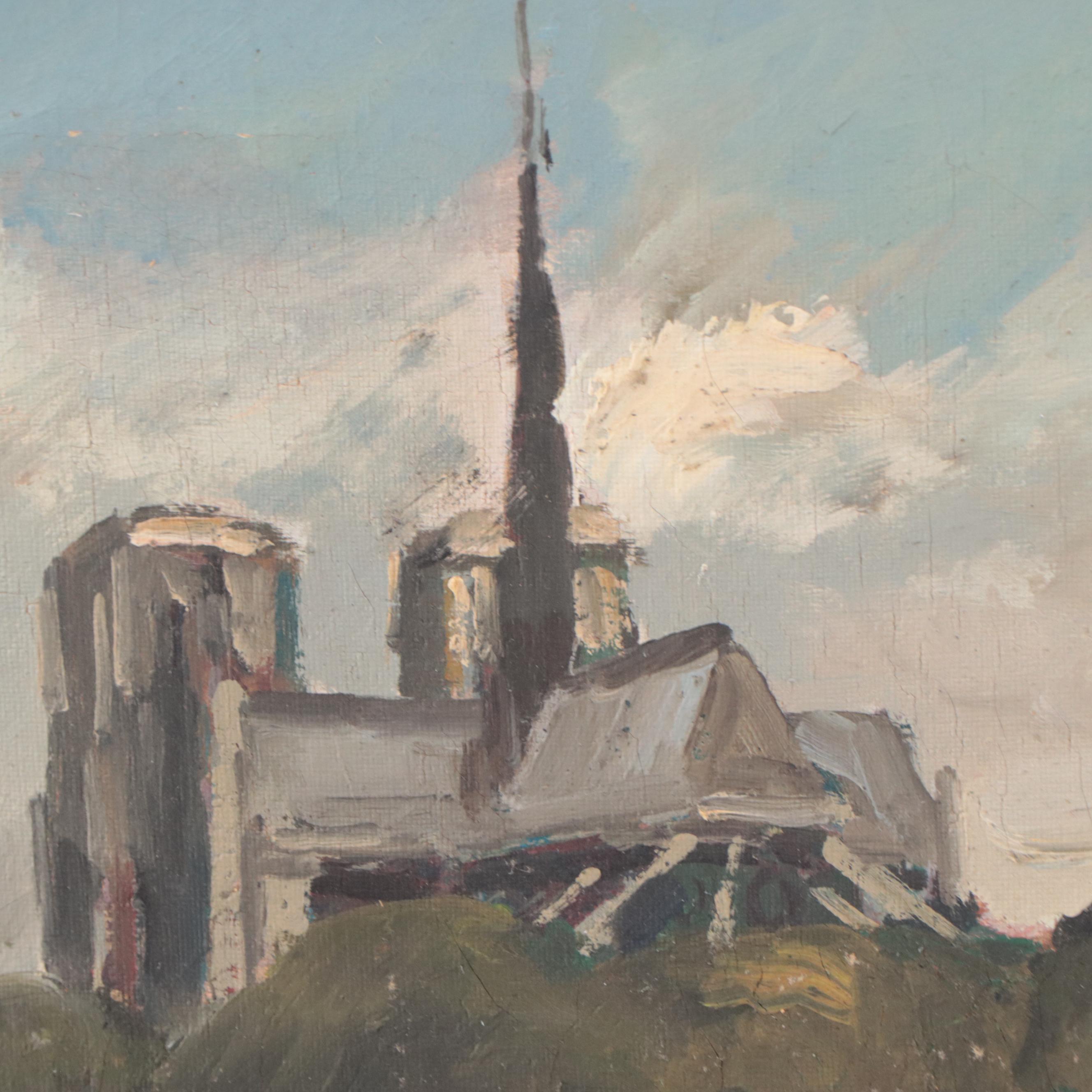 Landscape Oil Painting of Notre Dame, Paris, 1944