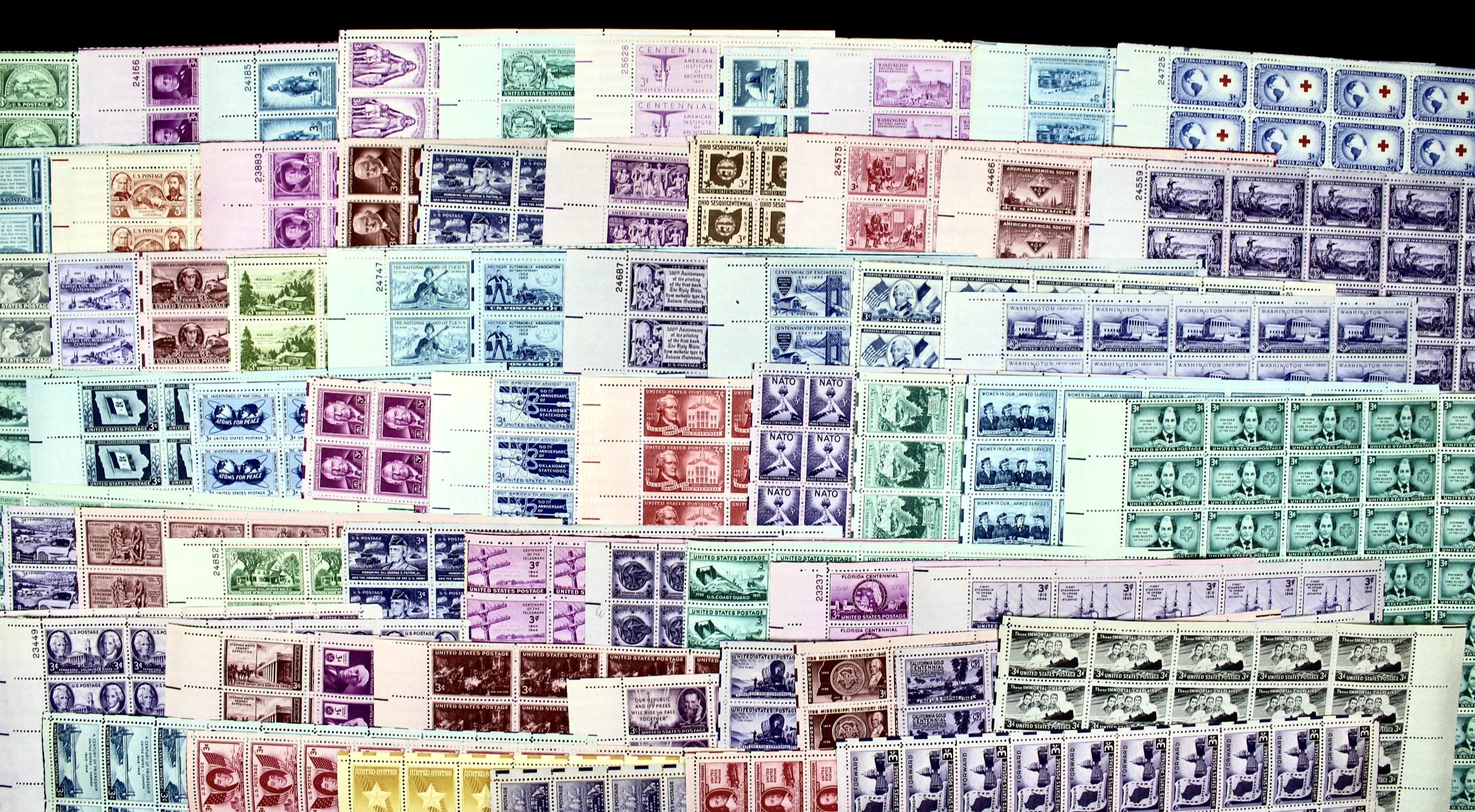 Sixty-Five Different 3-Cent U.S. Postage Stamp Sheets, 1940s to 1950s