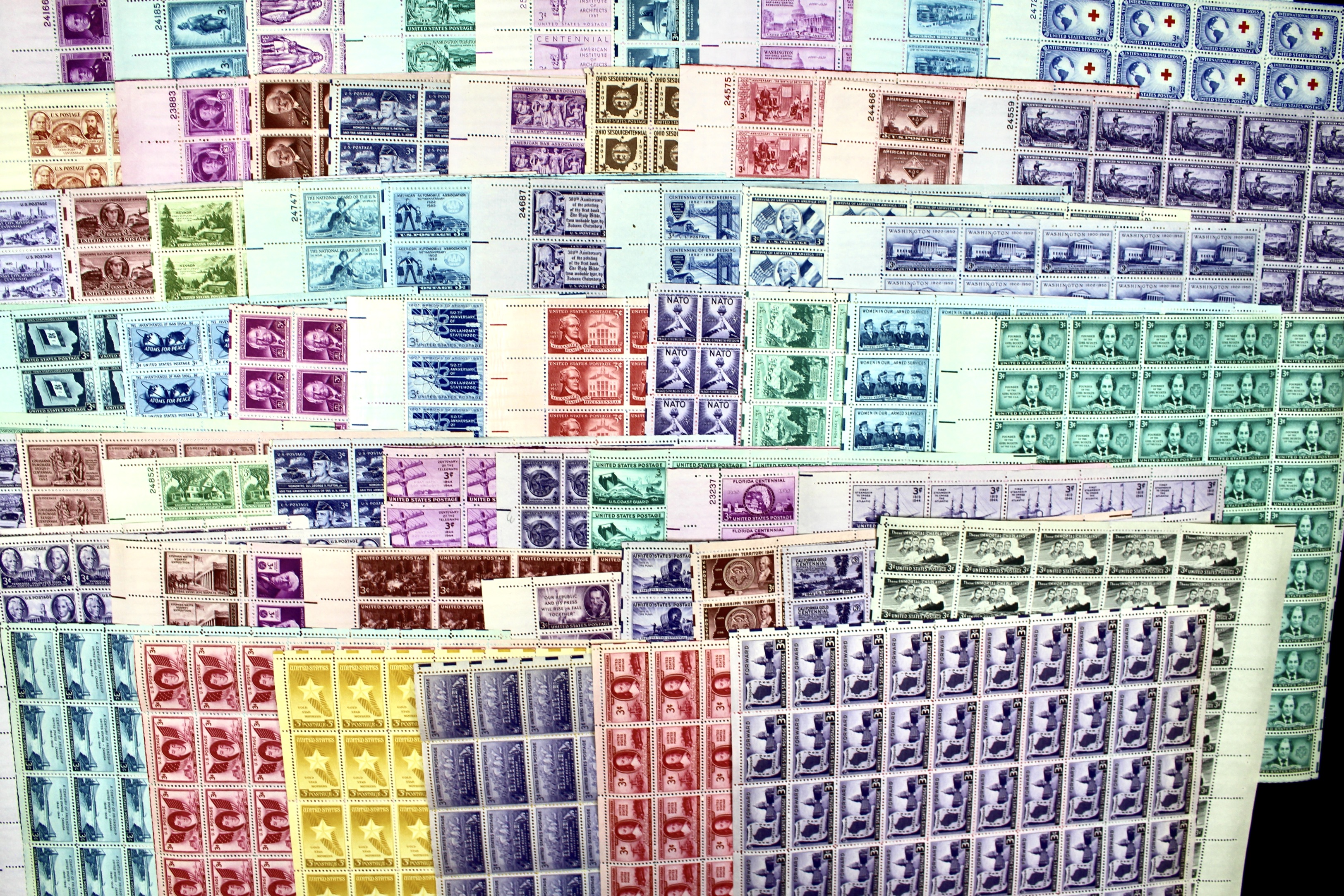 Sixty-Five Different 3-Cent U.S. Postage Stamp Sheets, 1940s to 1950s