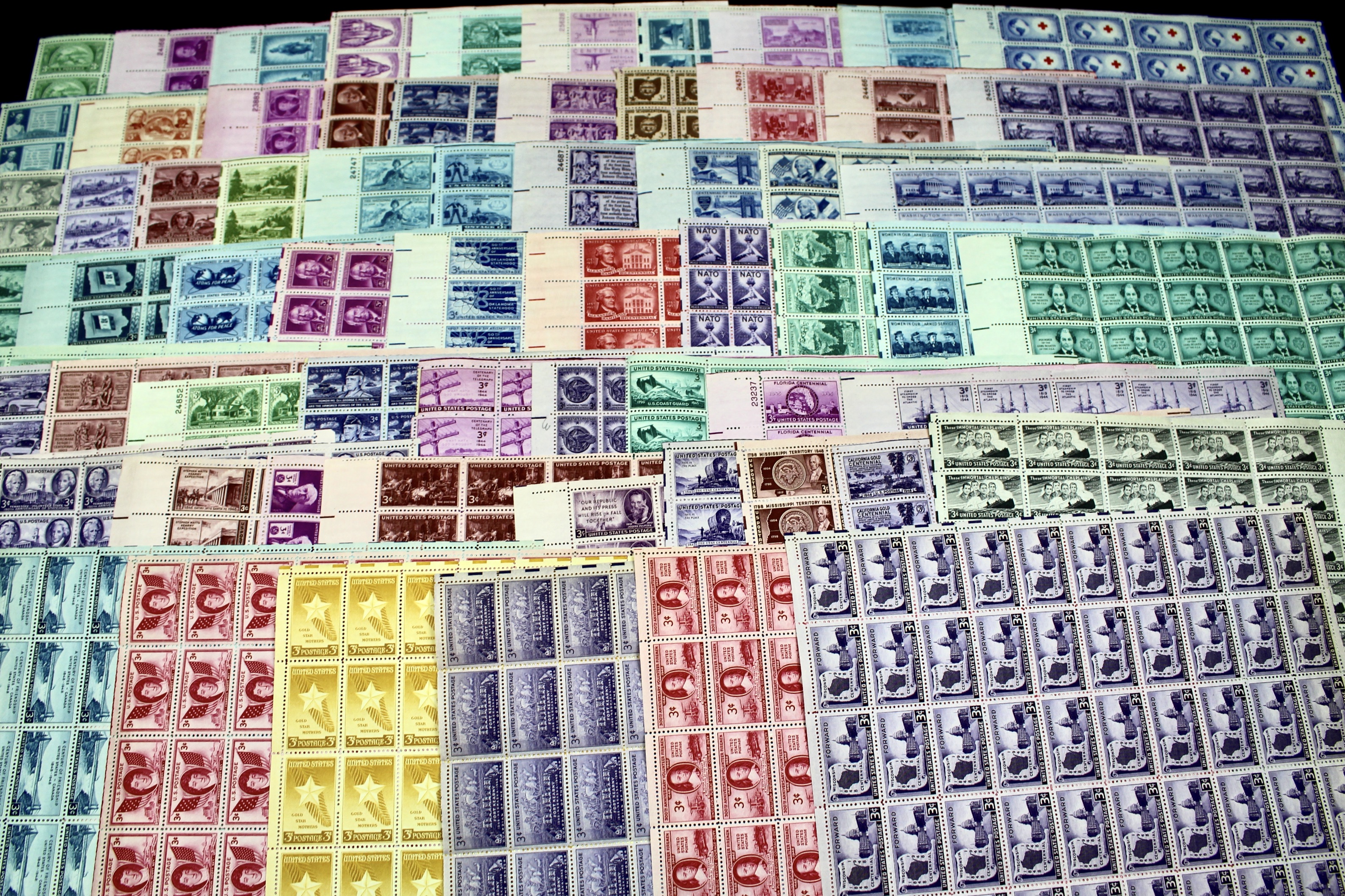 Sixty-Five Different 3-Cent U.S. Postage Stamp Sheets, 1940s to 1950s