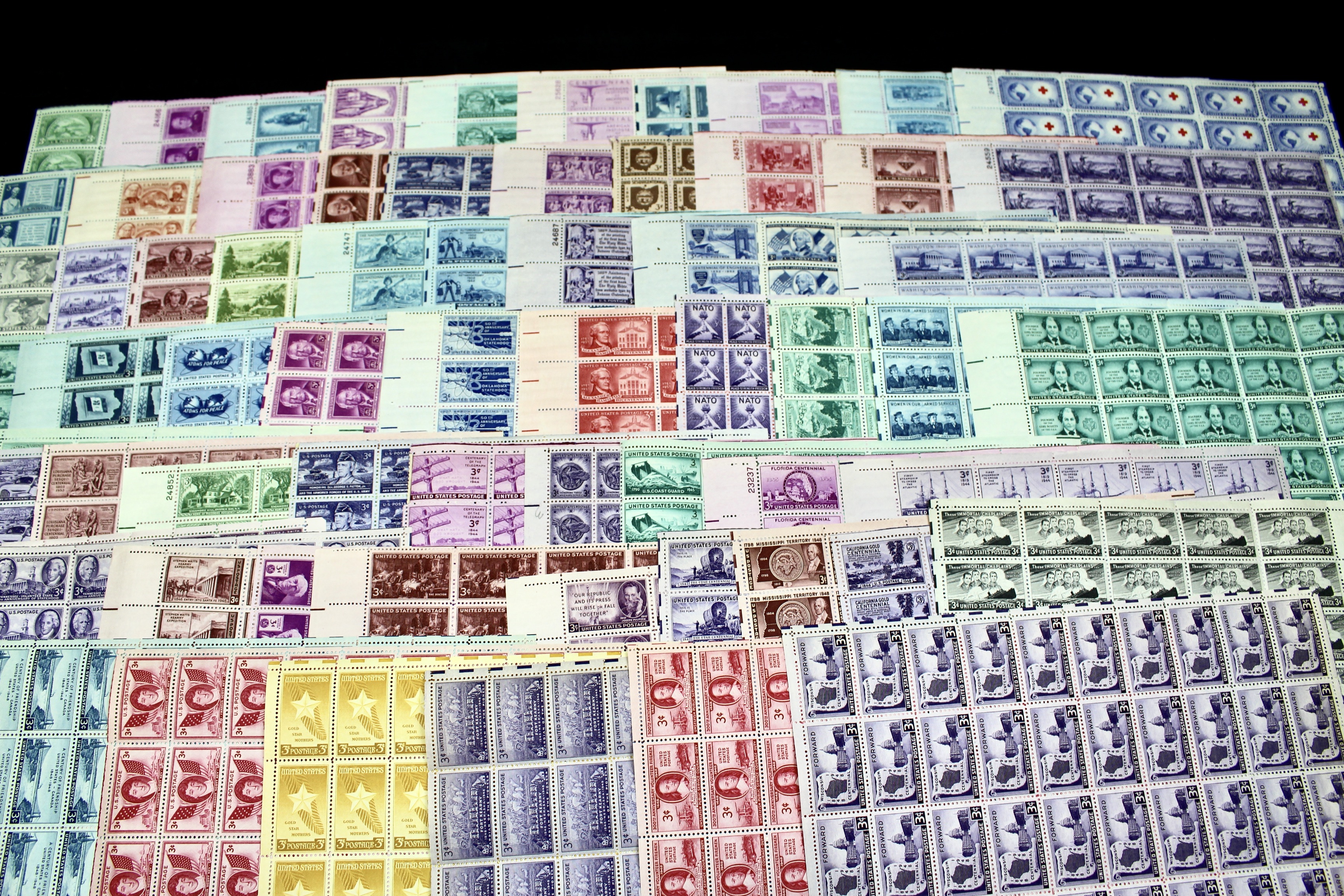 Sixty-Five Different 3-Cent U.S. Postage Stamp Sheets, 1940s to 1950s
