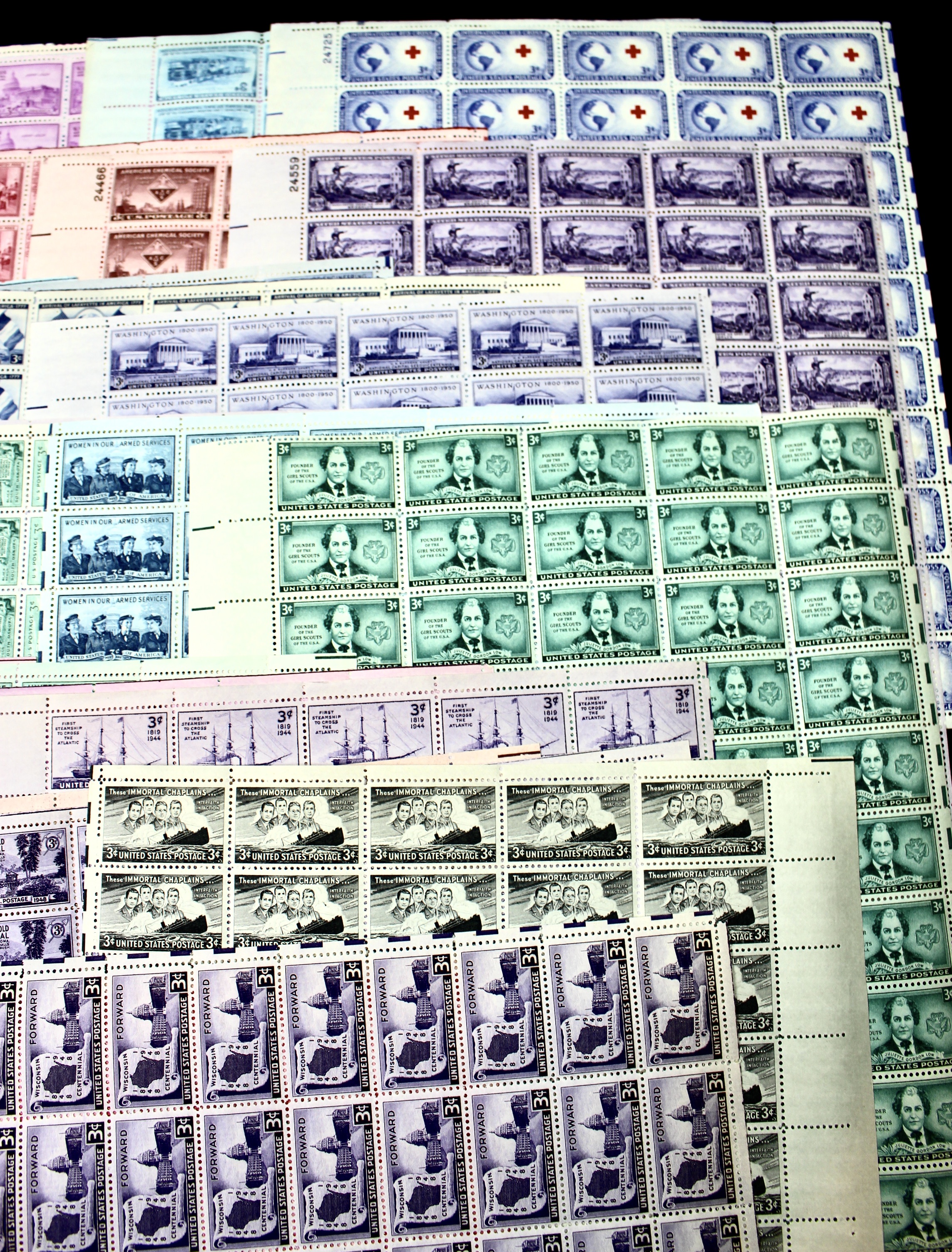 Sixty-Five Different 3-Cent U.S. Postage Stamp Sheets, 1940s to 1950s