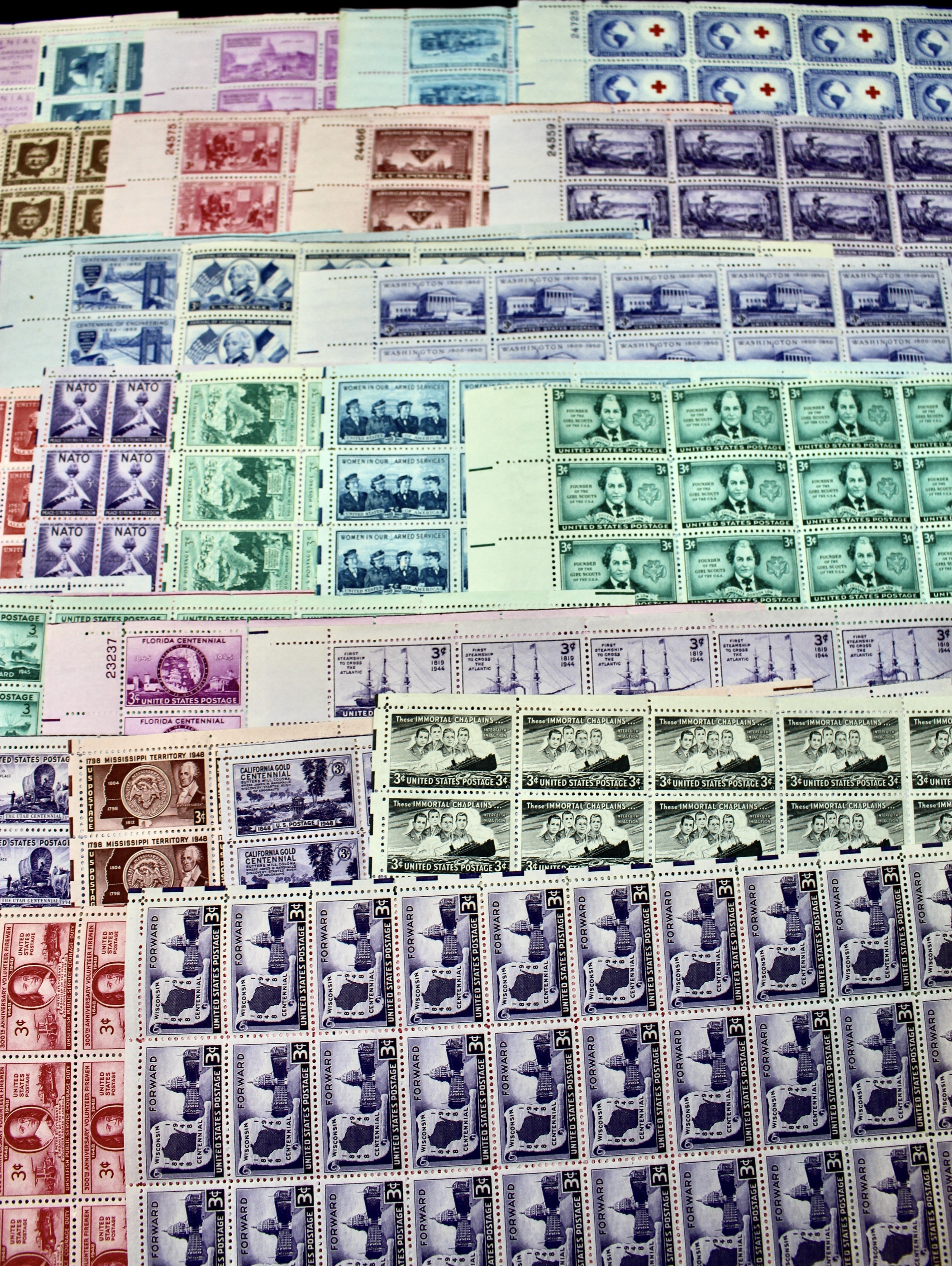 Sixty-Five Different 3-Cent U.S. Postage Stamp Sheets, 1940s to 1950s