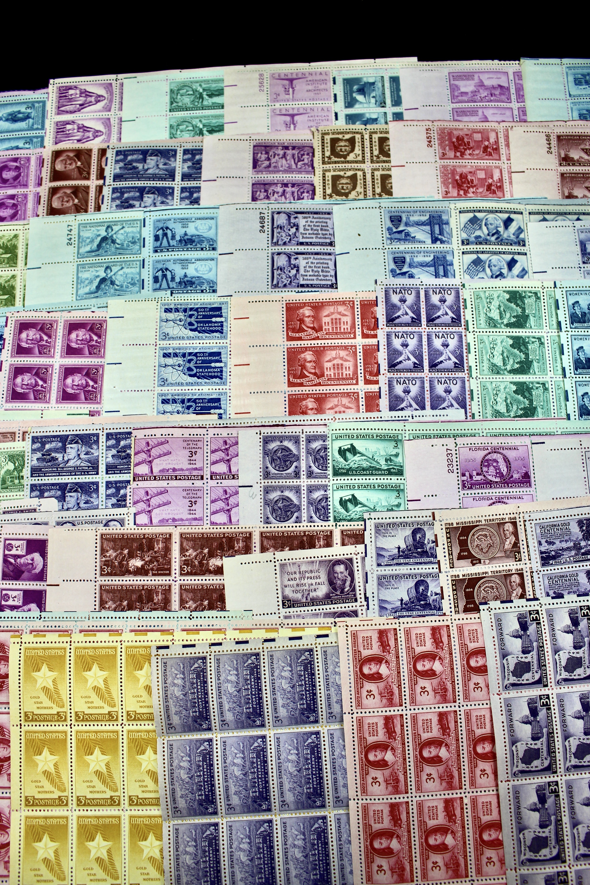 Sixty-Five Different 3-Cent U.S. Postage Stamp Sheets, 1940s to 1950s