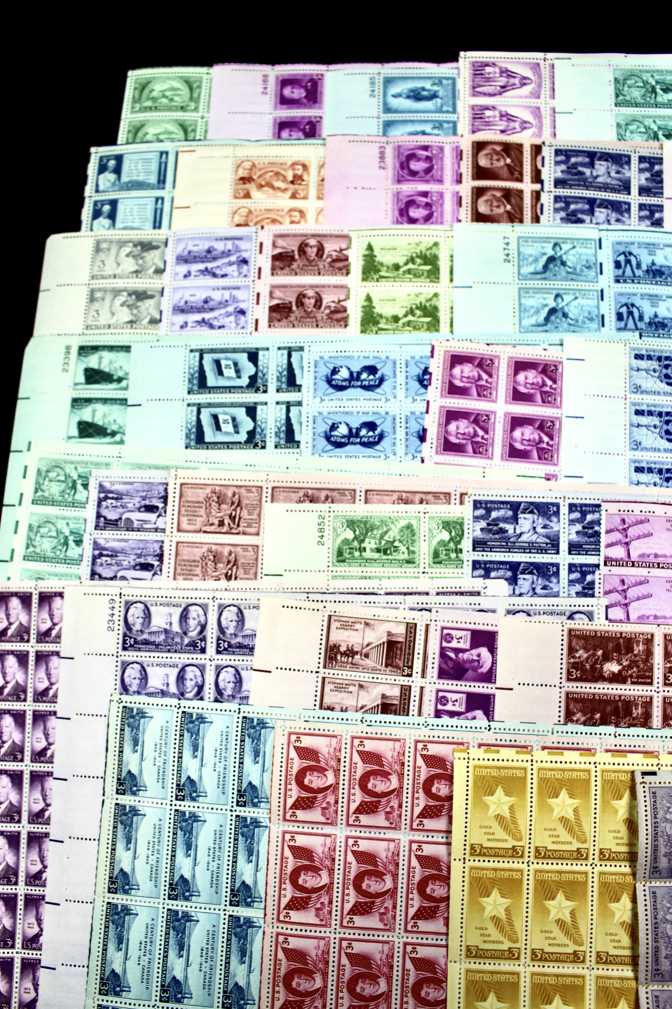 Sixty-Five Different 3-Cent U.S. Postage Stamp Sheets, 1940s to 1950s