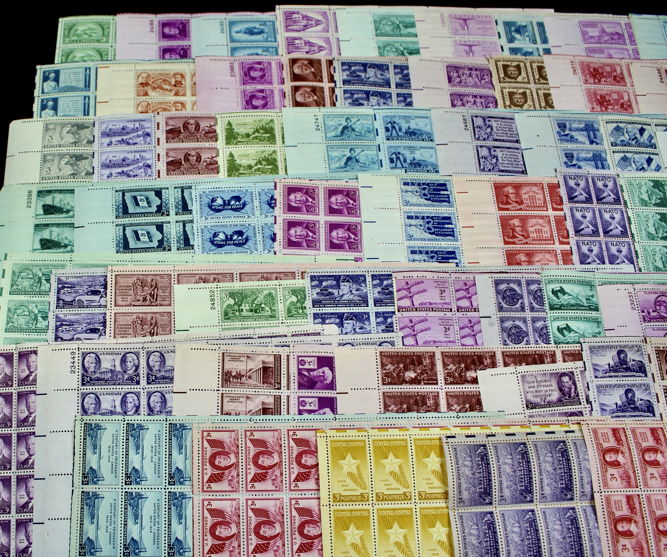 Sixty-Five Different 3-Cent U.S. Postage Stamp Sheets, 1940s to 1950s