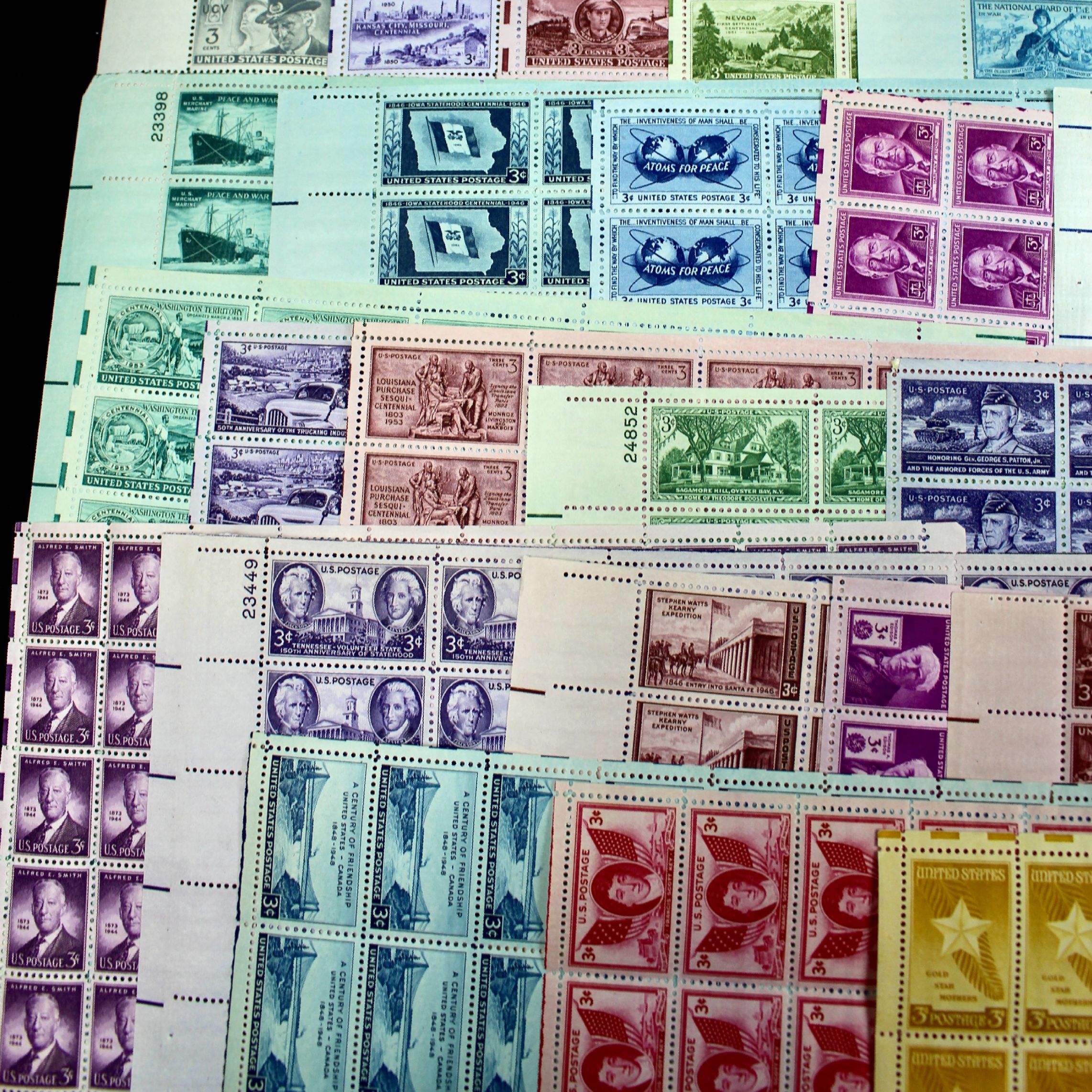 Sixty-Five Different 3-Cent U.S. Postage Stamp Sheets, 1940s to 1950s