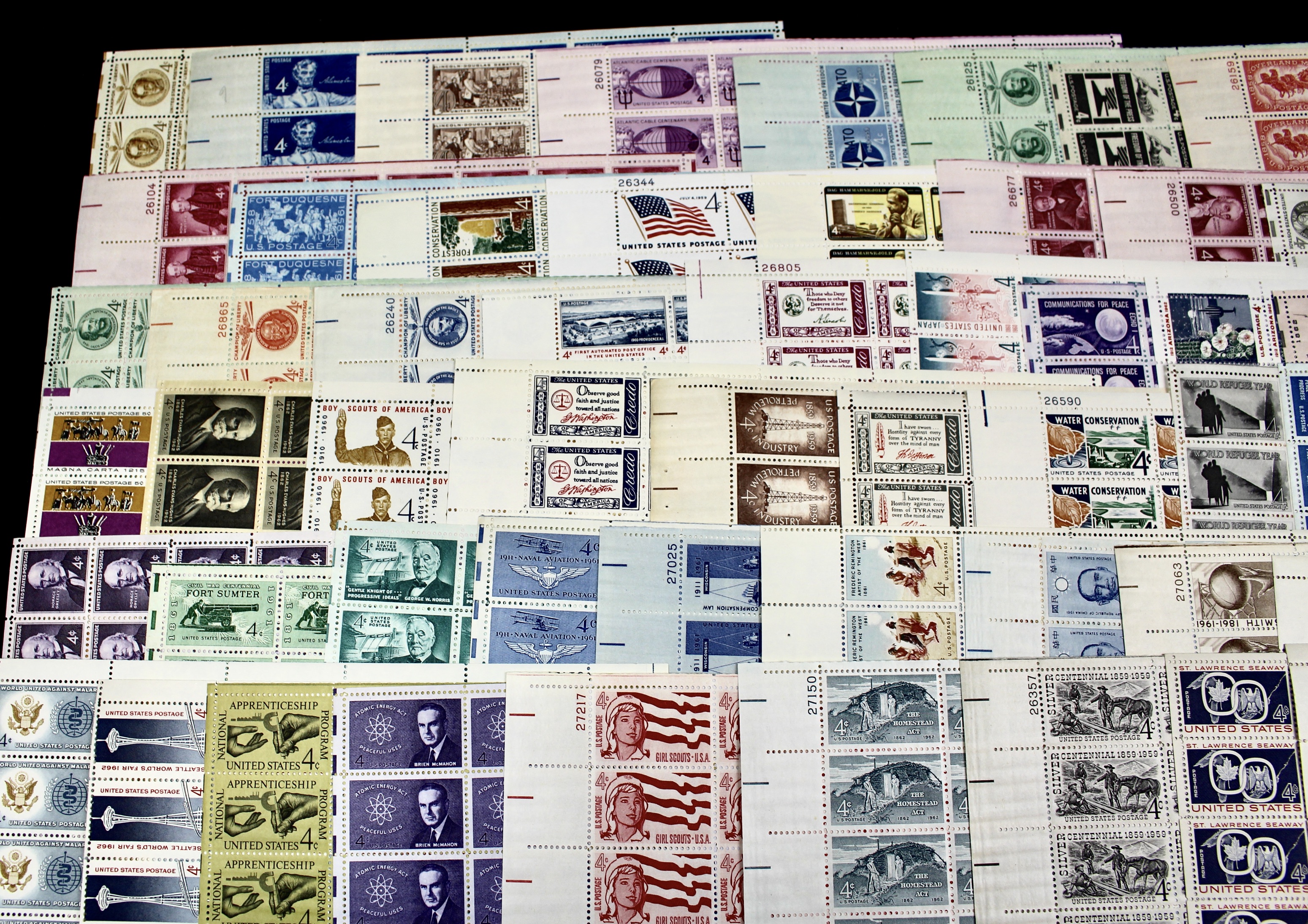Fifty-Nine Different 4-Cent U.S. Postage Stamp Sheets, 1950s to 1960s
