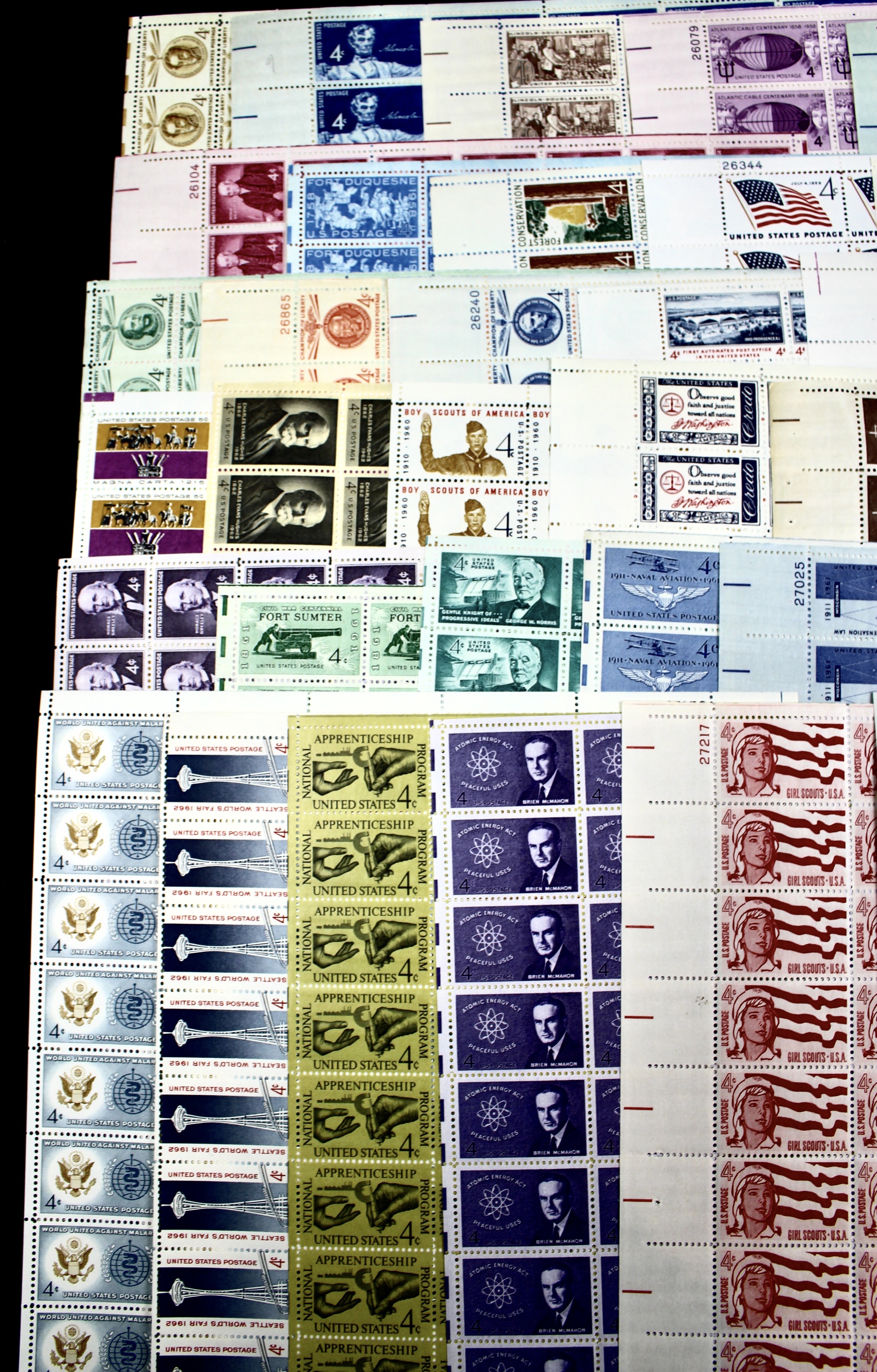 Fifty-Nine Different 4-Cent U.S. Postage Stamp Sheets, 1950s to 1960s