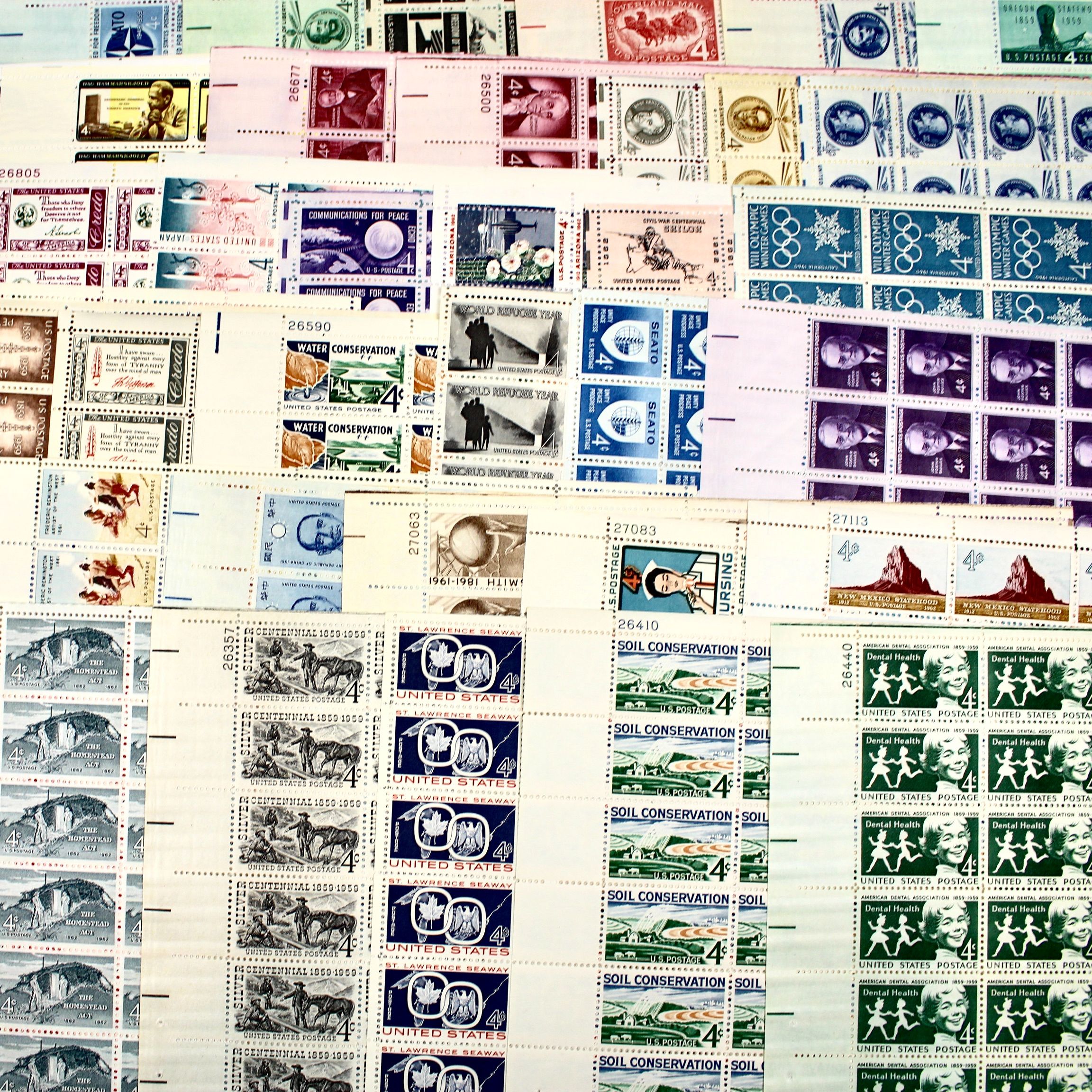 Fifty-Nine Different 4-Cent U.S. Postage Stamp Sheets, 1950s to 1960s