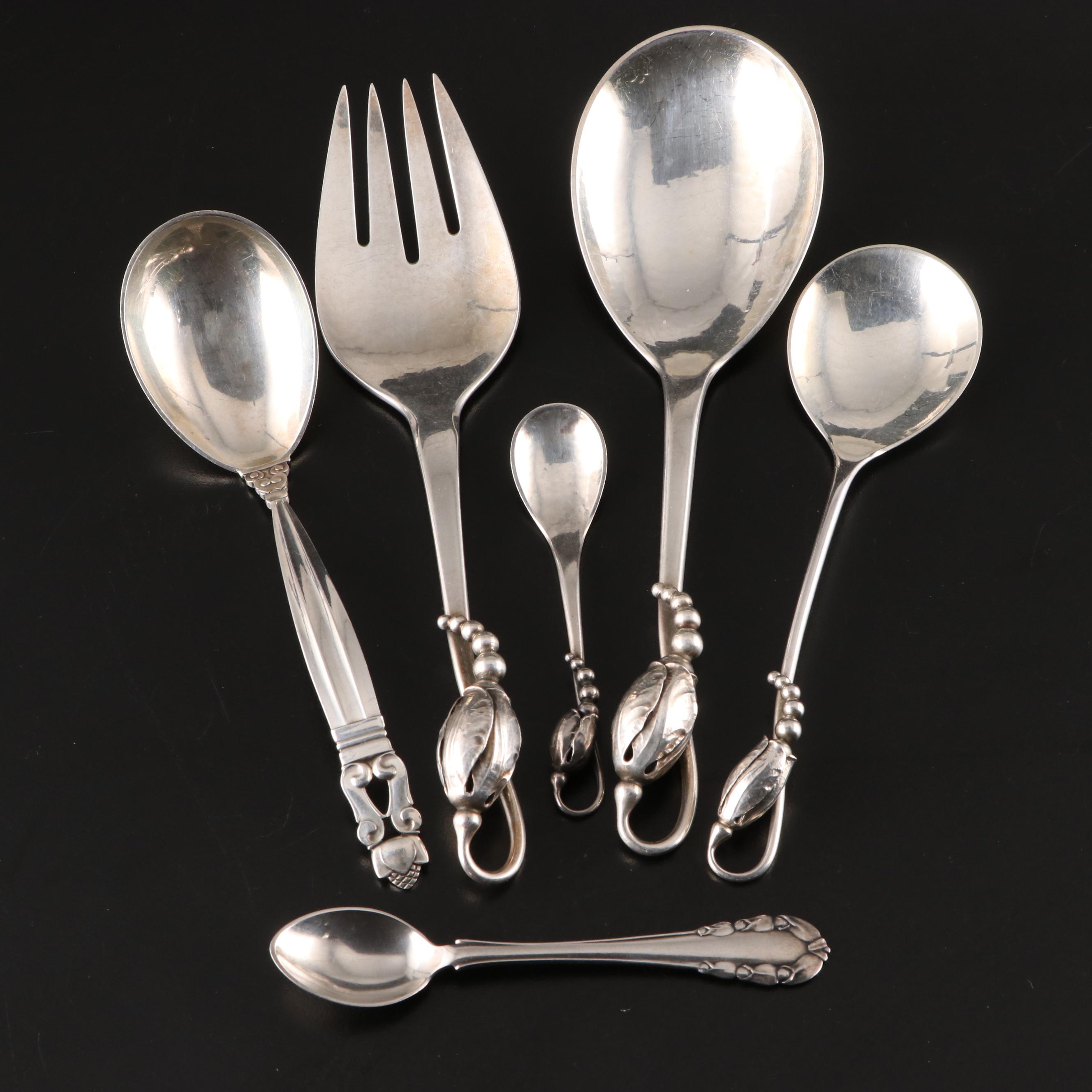 Georg Jensen "Blossom" and "Acorn" Sterling Silver Serving Utensils