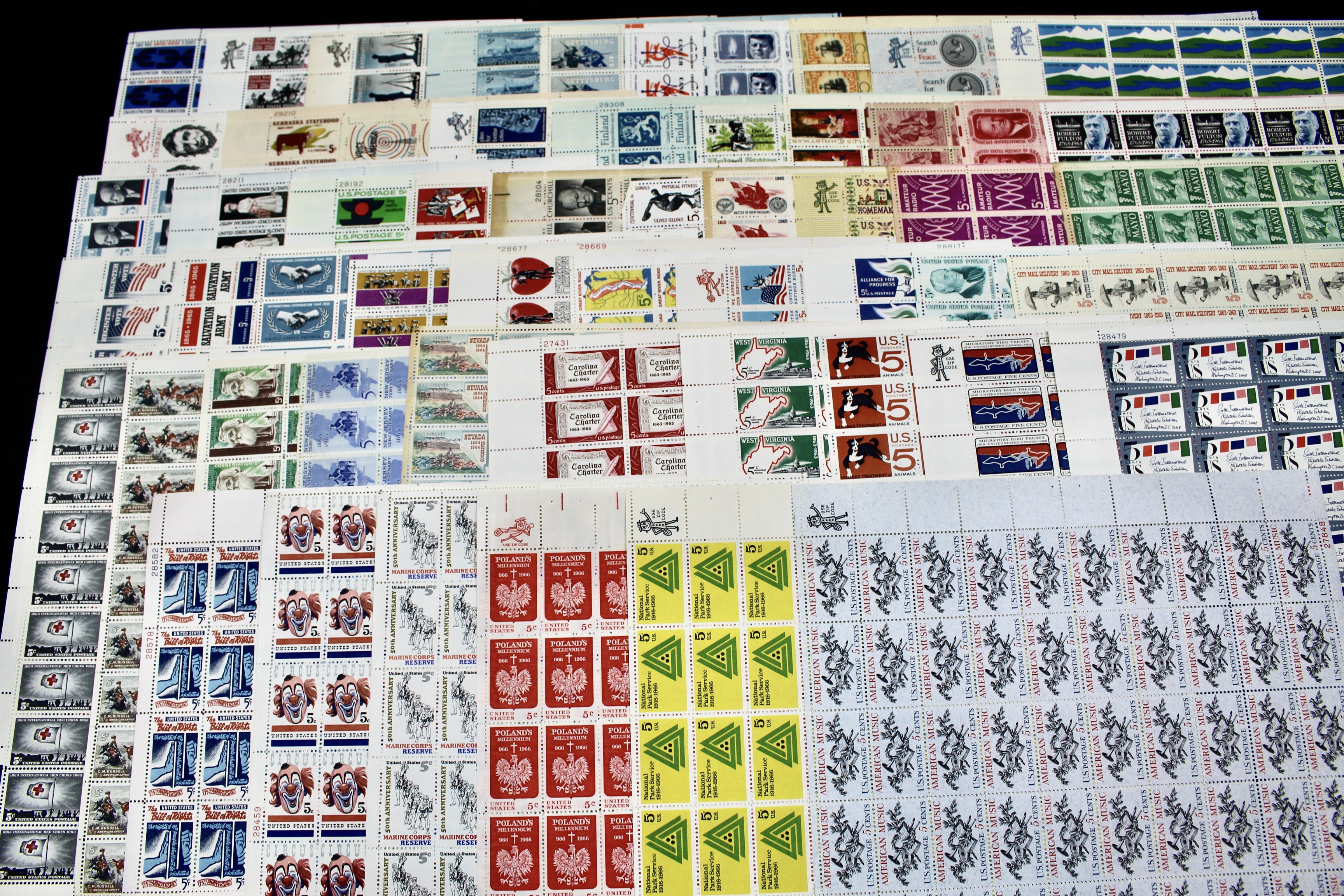 Fifty-Six Different 5-Cent U.S. Postage Stamp Sheets, 1960s