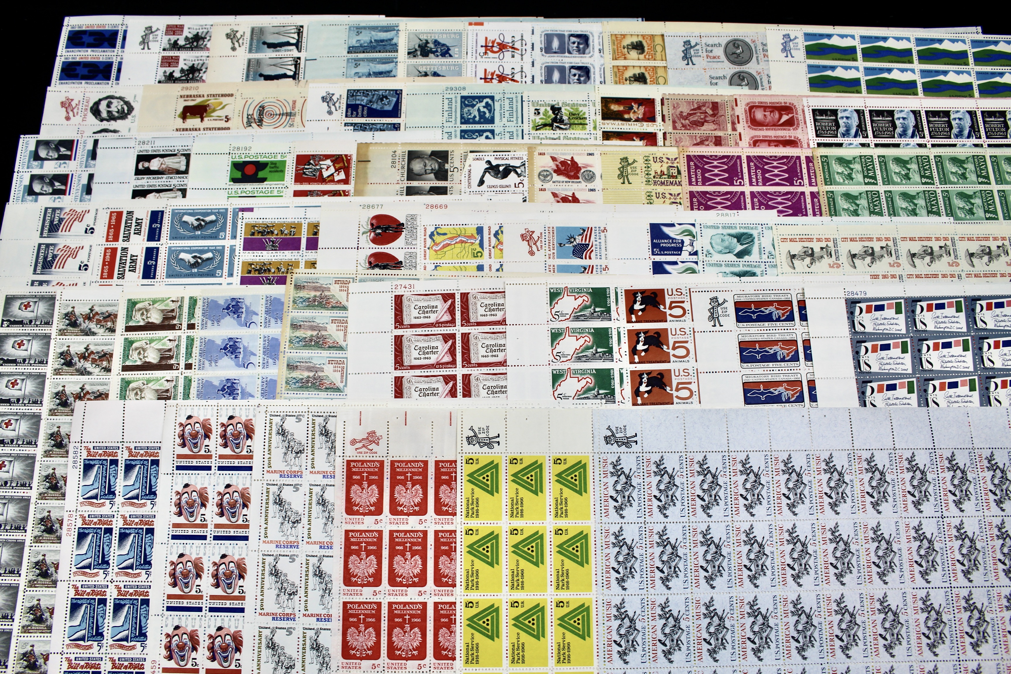 Fifty-Six Different 5-Cent U.S. Postage Stamp Sheets, 1960s